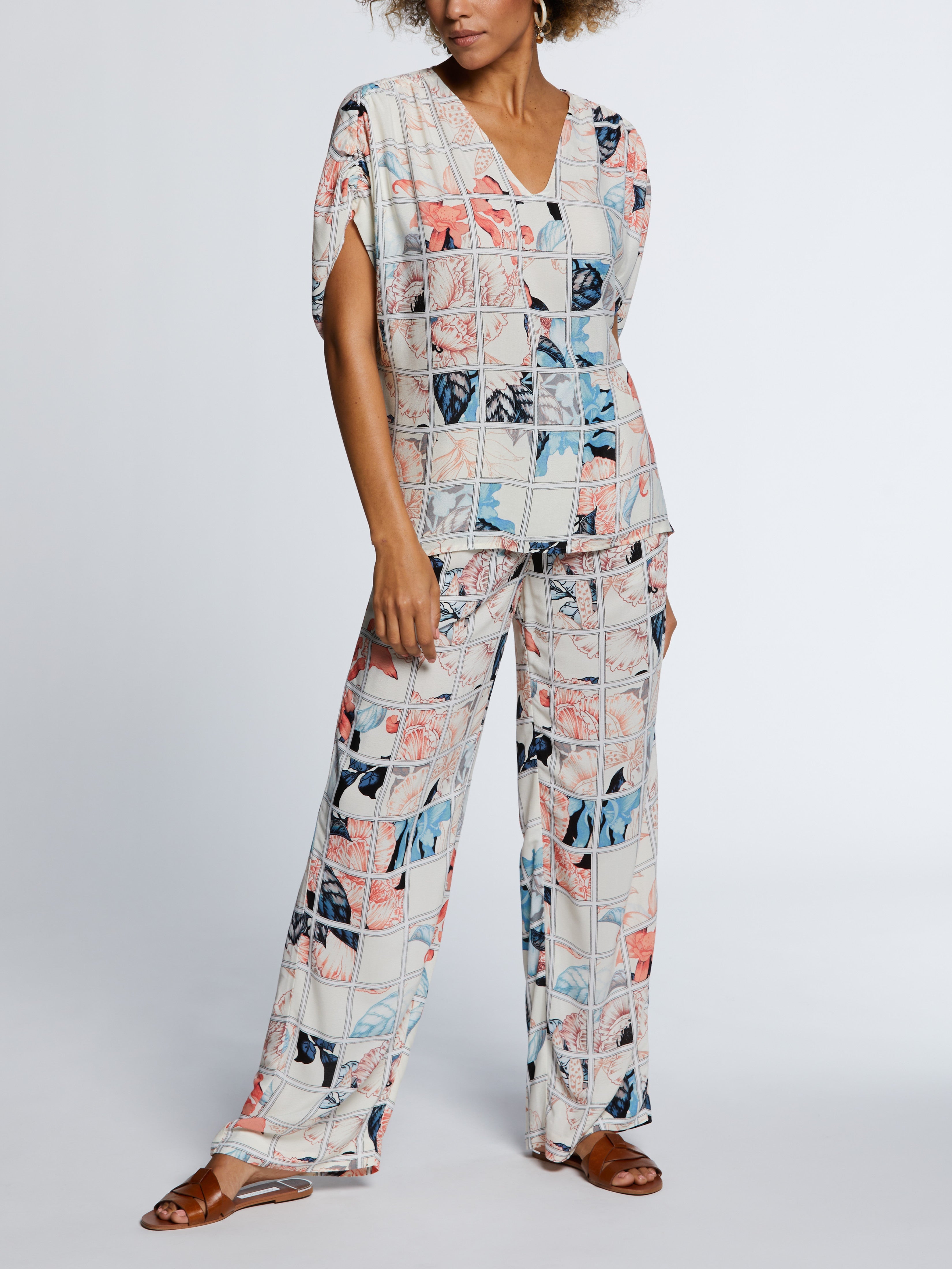 Eco Fabric Ruched Tie Sleeve V-Neck Top