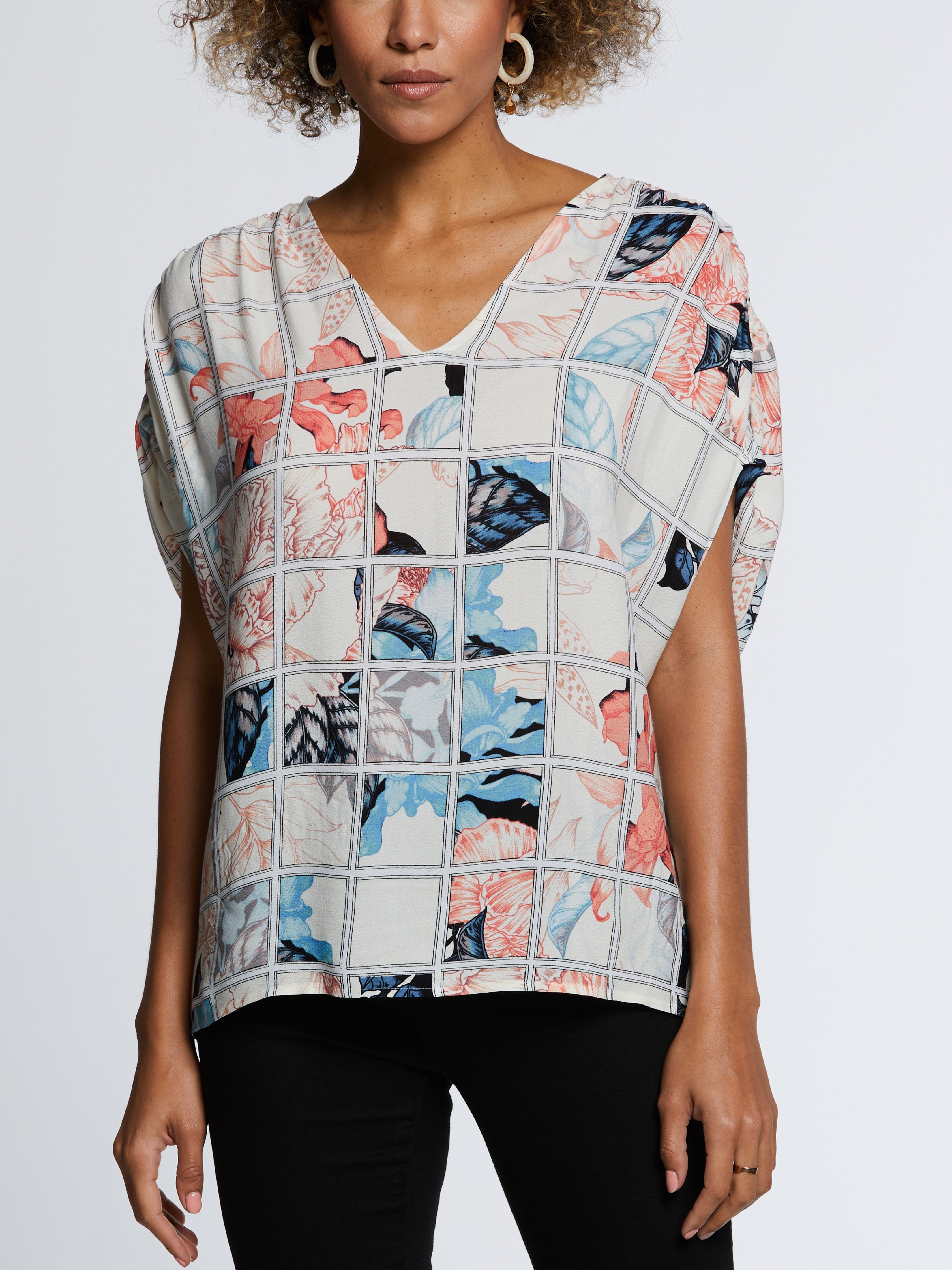 Eco Fabric Ruched Tie Sleeve V-Neck Top