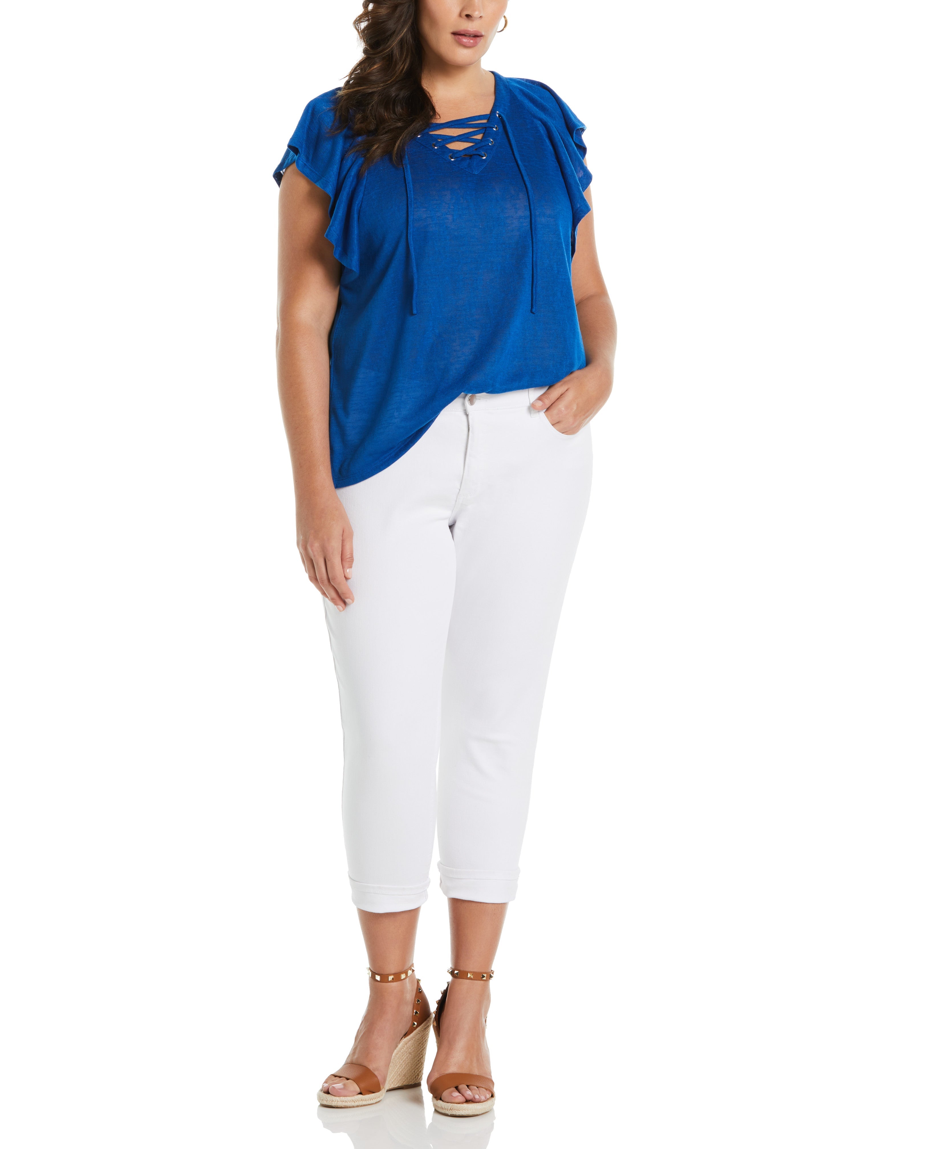 Plus Size Lace-Up Flutter Sleeve Top