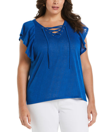Plus Size Lace-Up Flutter Sleeve Top