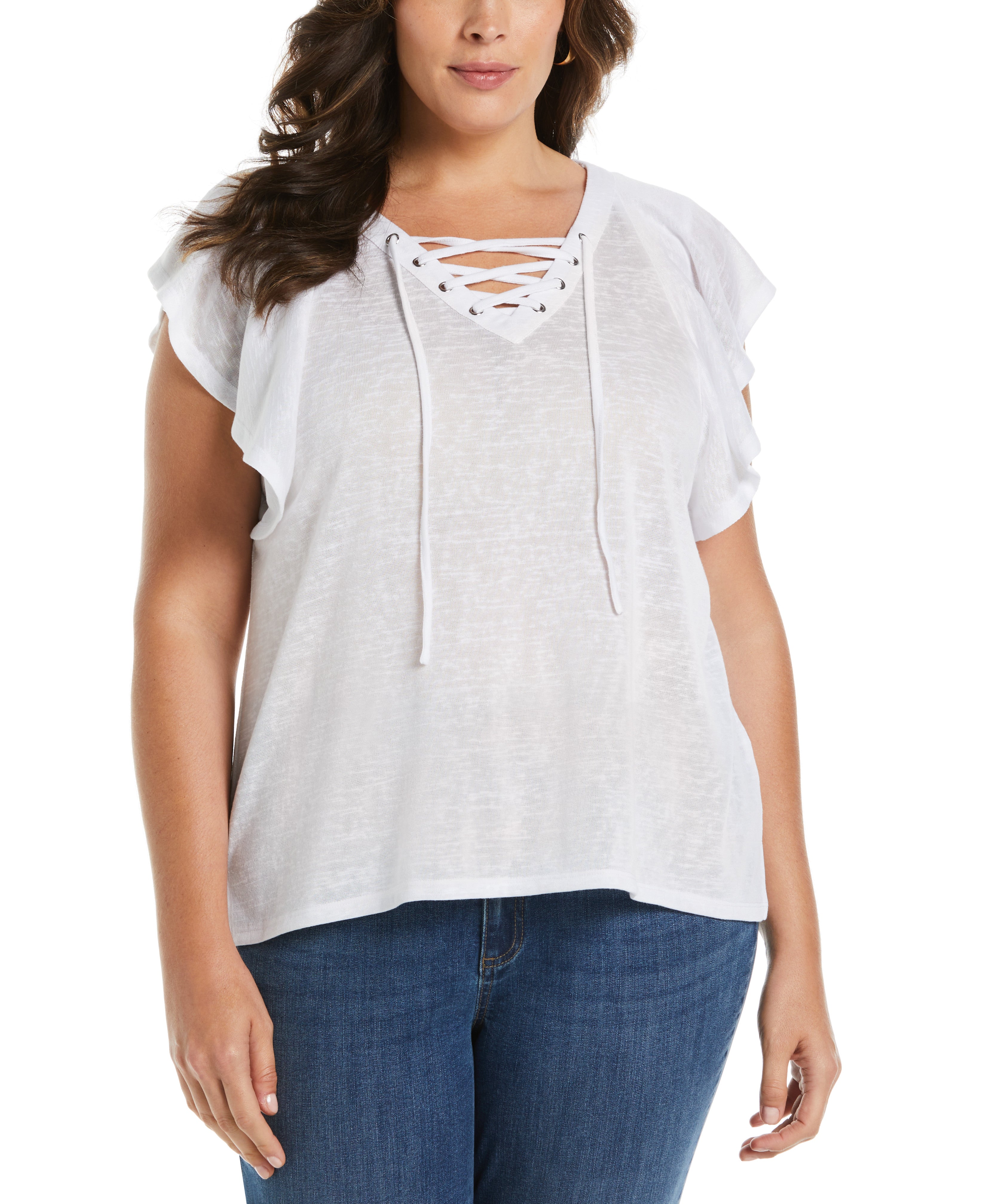 Plus Size Lace-Up Flutter Sleeve Top