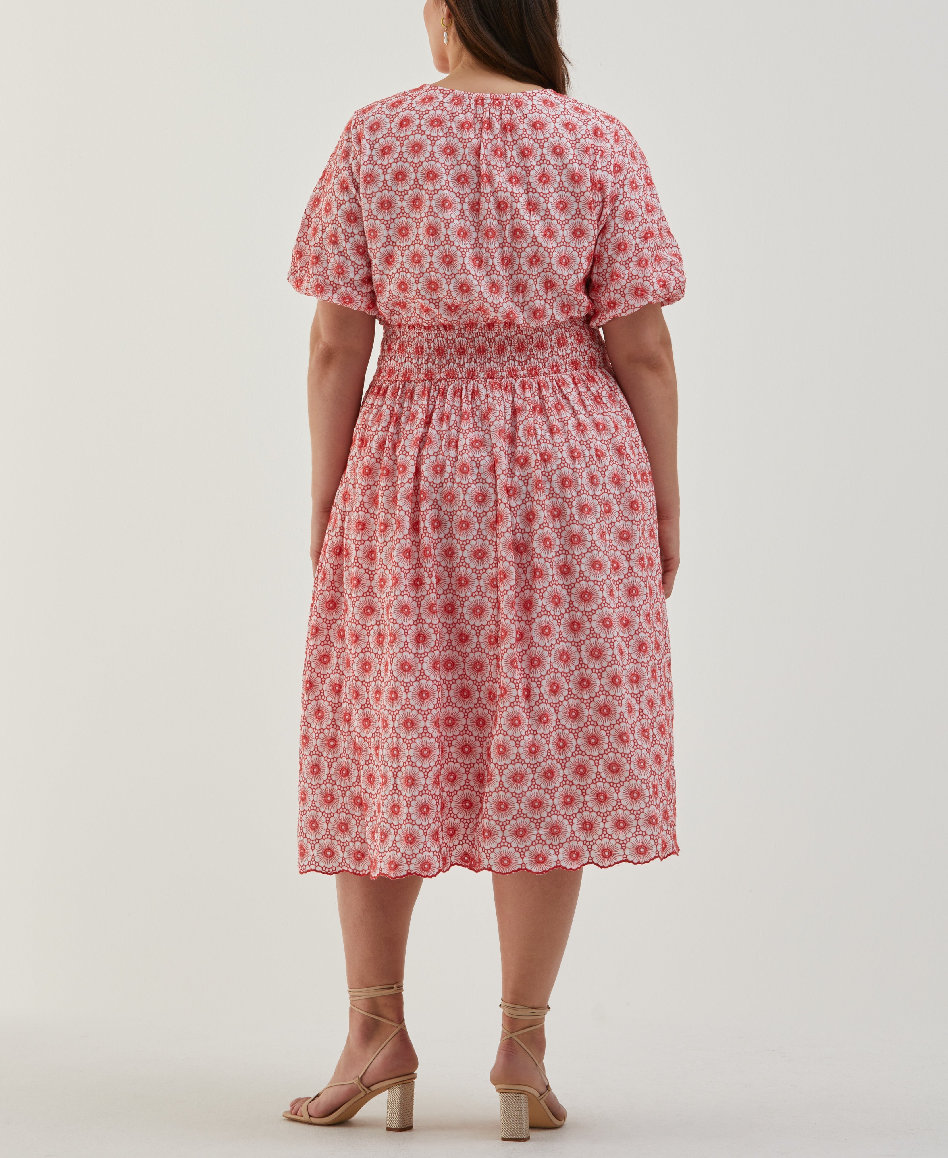 Plus Size Daisy Embroidered Smocked Puff Sleeve Dress