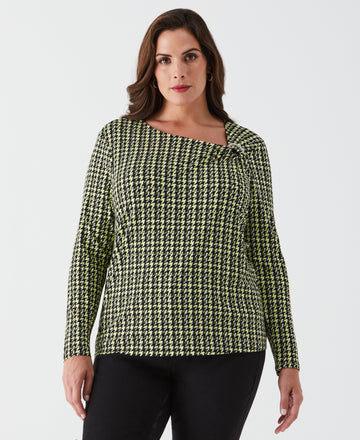 Plus Size Houndstooth Print Asymmetric Neck Top