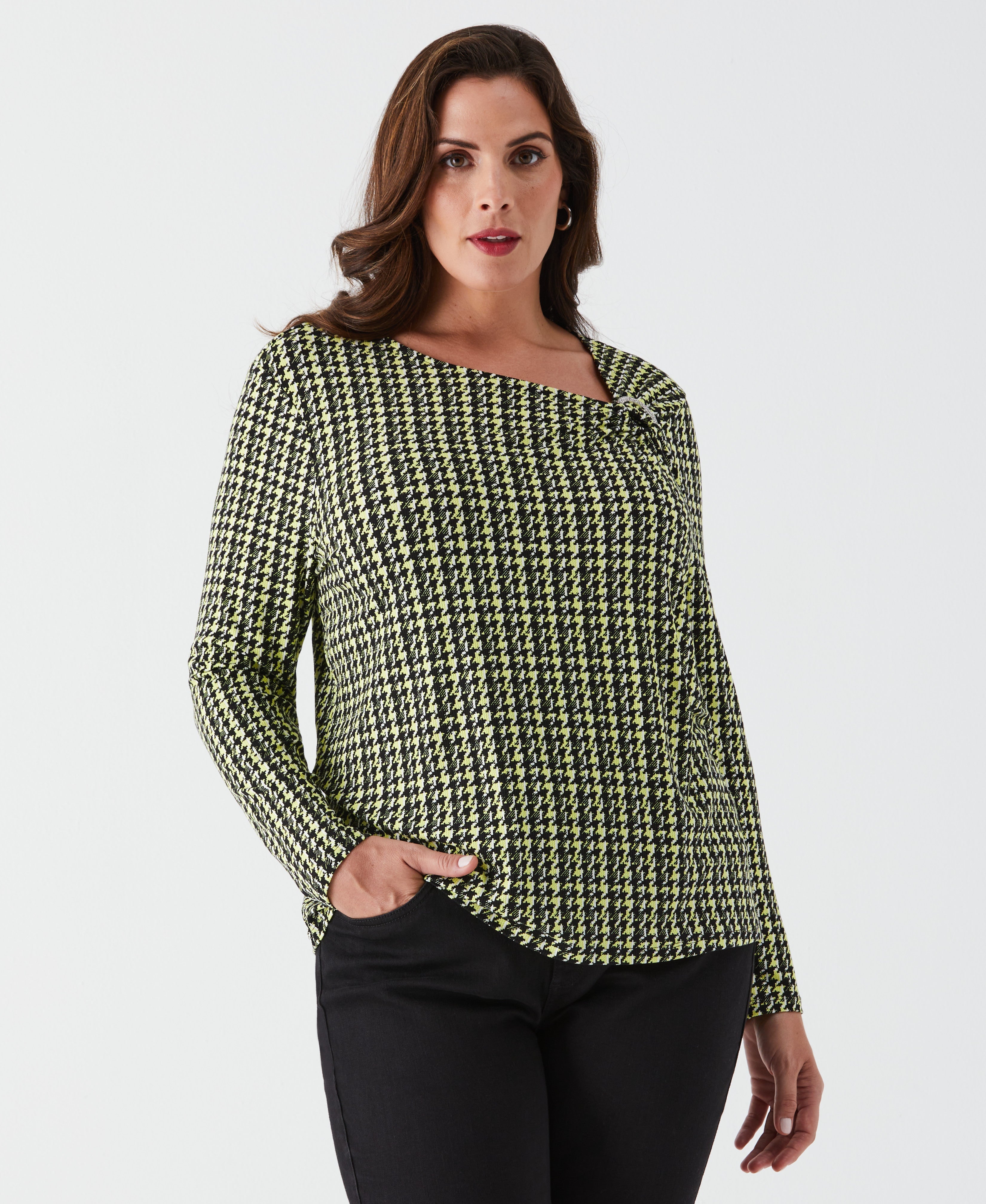 Plus Size Houndstooth Print Asymmetric Neck Top