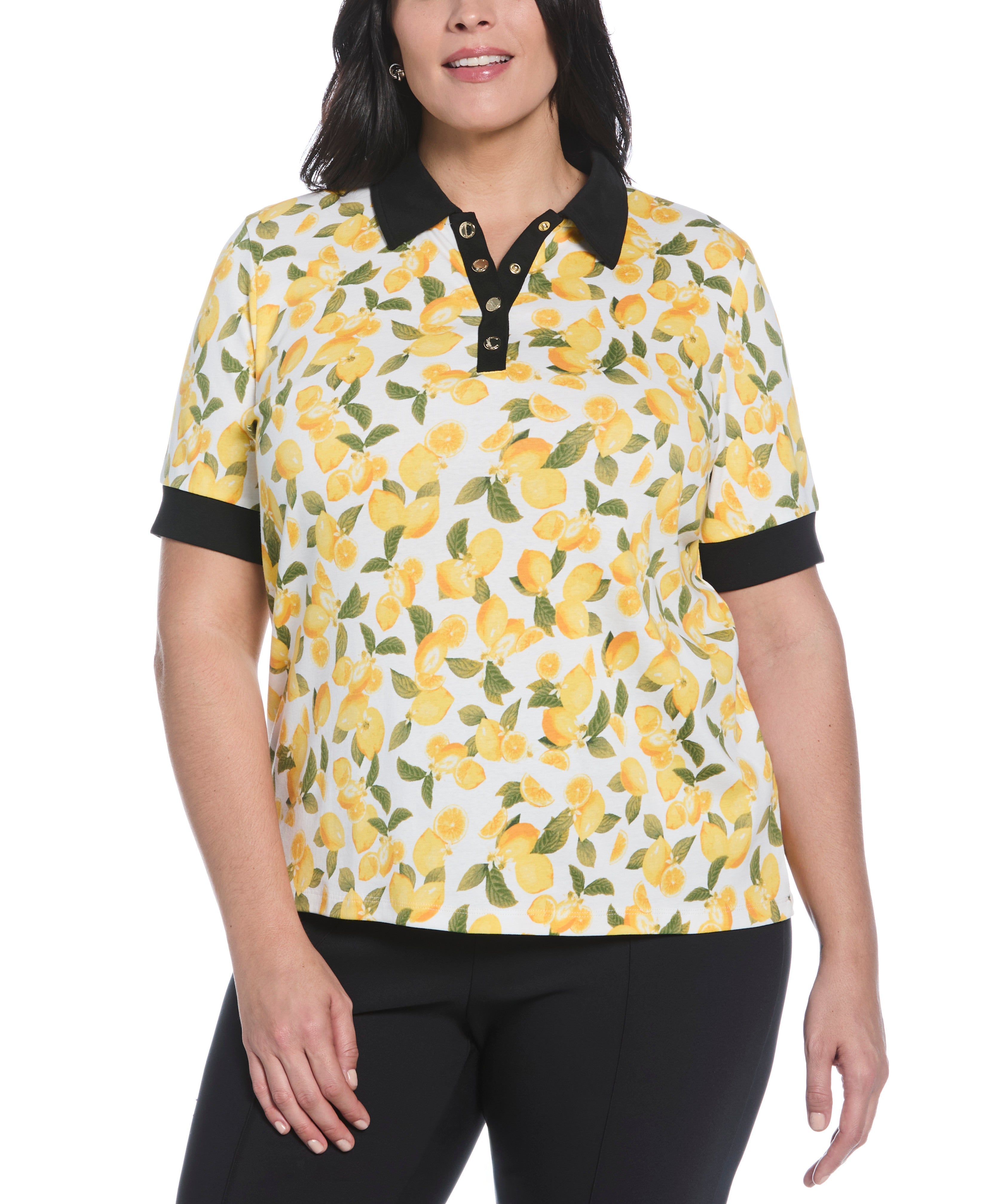 Plus Size Lemon Print Buttoned Polo
