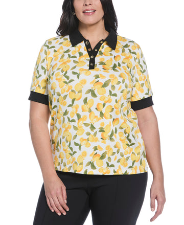 Plus Size Lemon Print Buttoned Polo