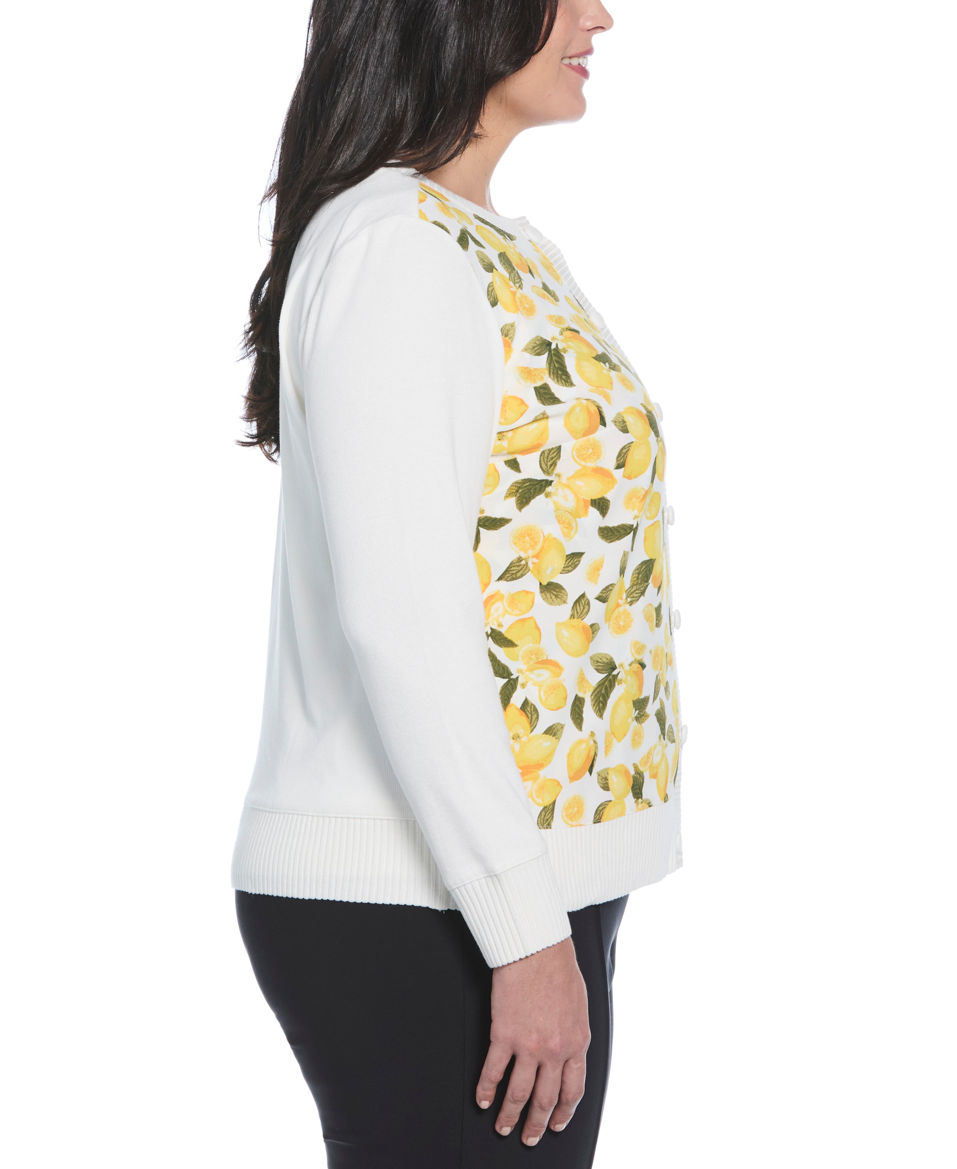 Plus Size Lemon Print Woven Front Cardigan