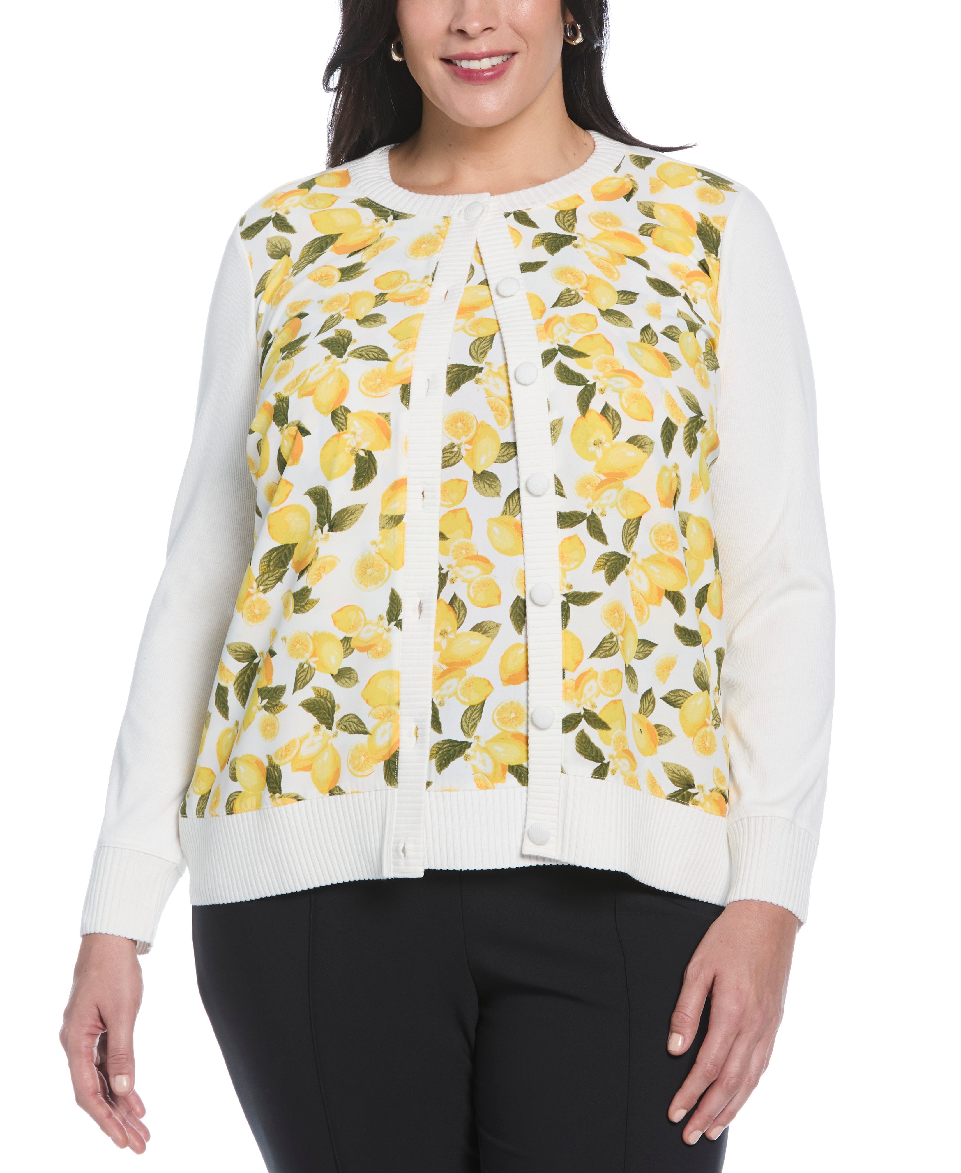 Plus Size Lemon Print Woven Front Cardigan
