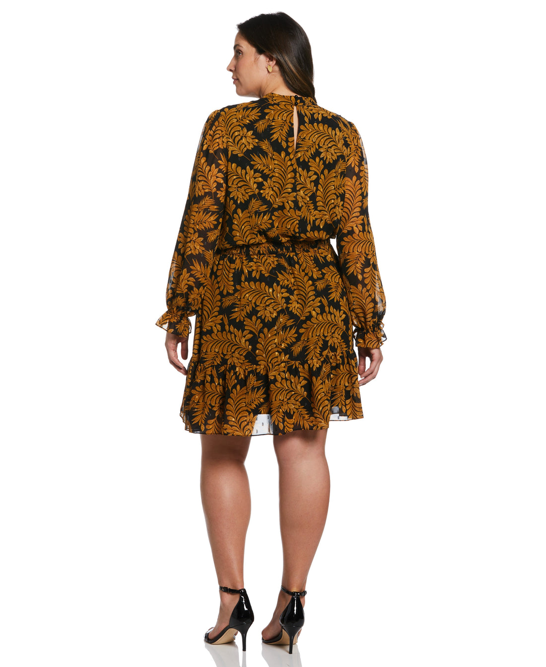 Plus Size Metallic Leaves Print Dress
