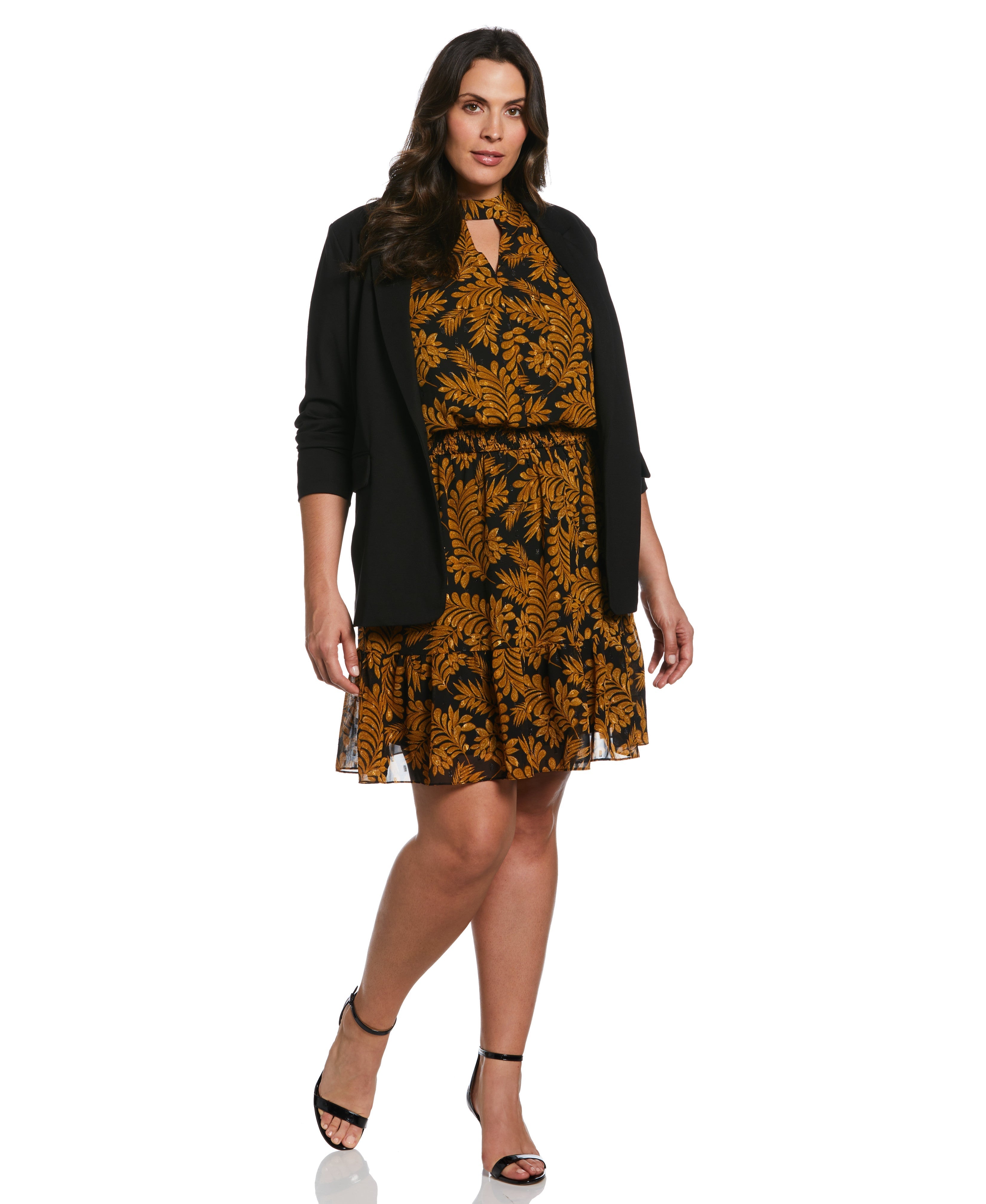 Plus Size Metallic Leaves Print Dress