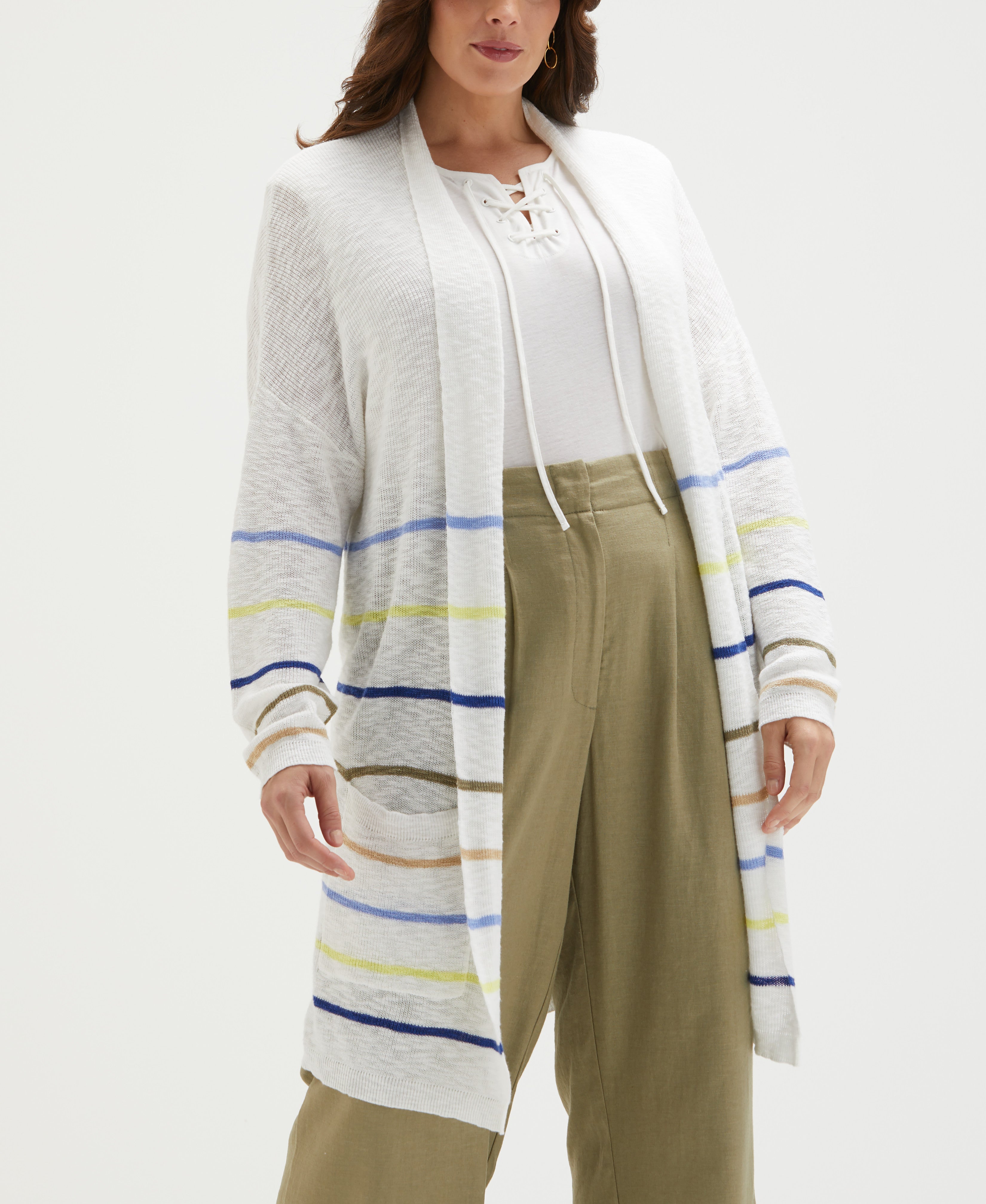 Plus Size Organic Cotton-Linen Blend Striped Duster Cardigan Sweater