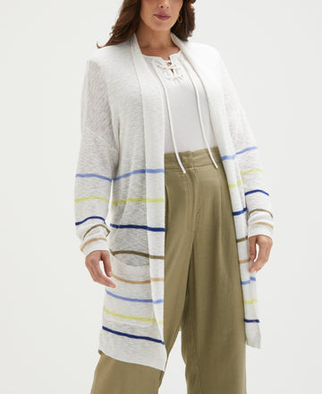 Plus Size Organic Cotton-Linen Blend Striped Duster Cardigan Sweater