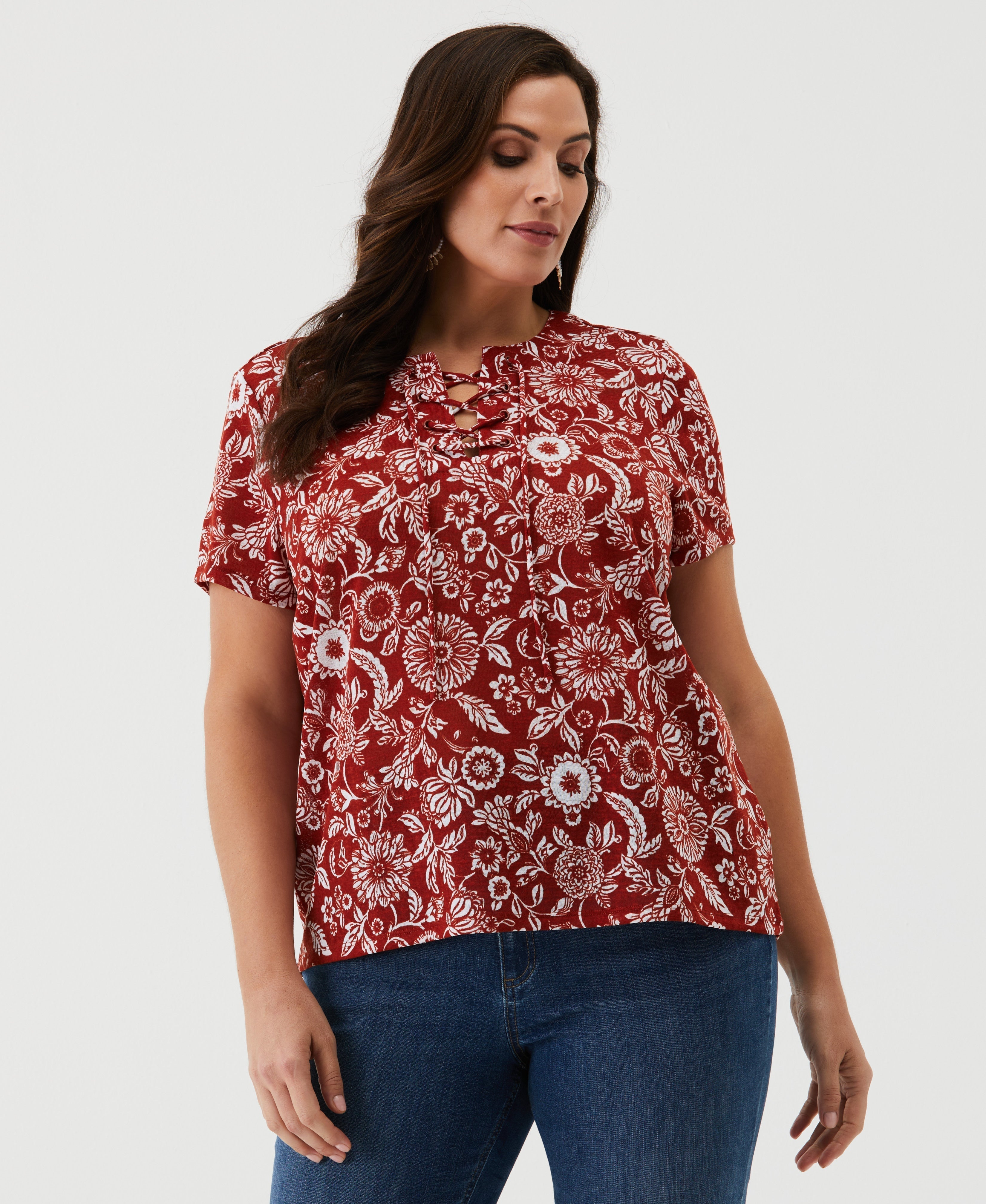 Plus Size Paisley Print Lace-Up Tee
