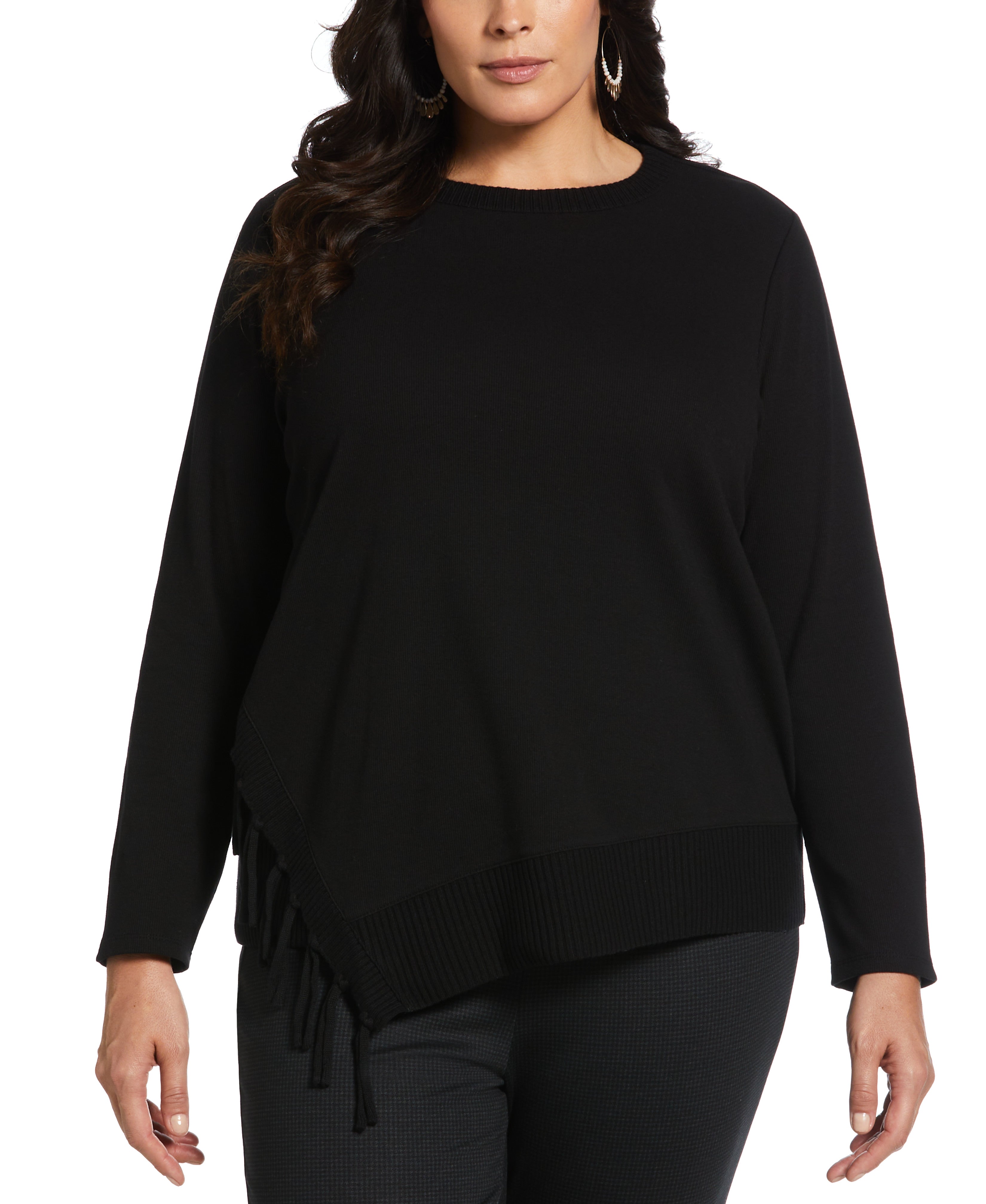 Plus Size Ribbed Asymmetrical Fringe Hem Top
