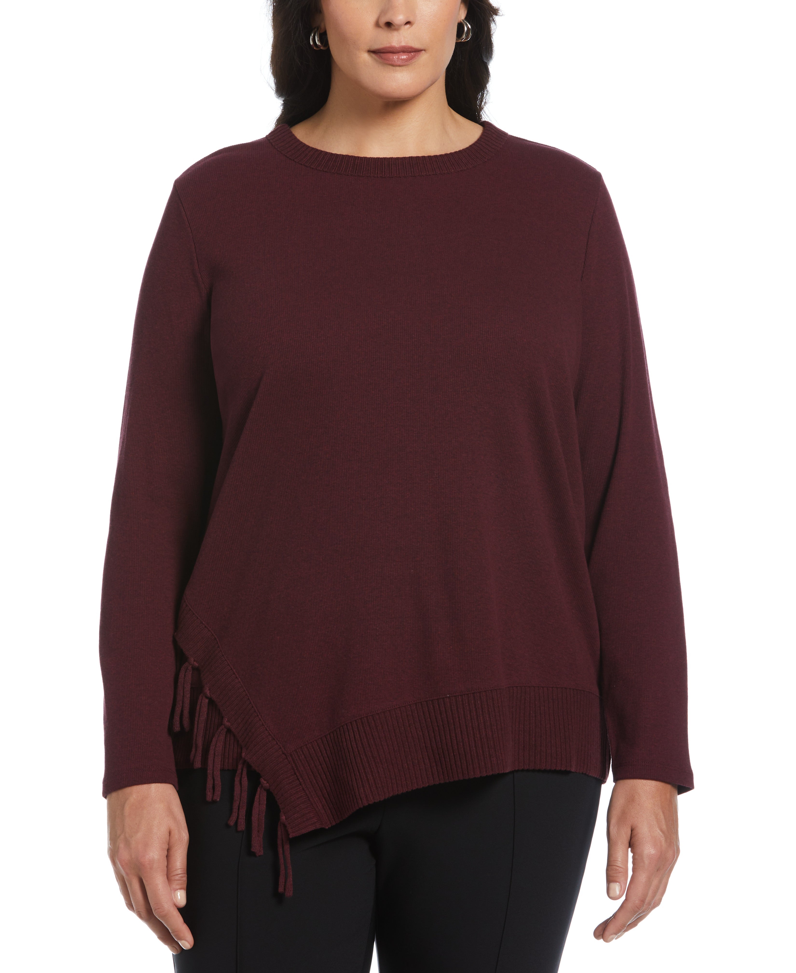 Plus Size Ribbed Asymmetrical Fringe Hem Top