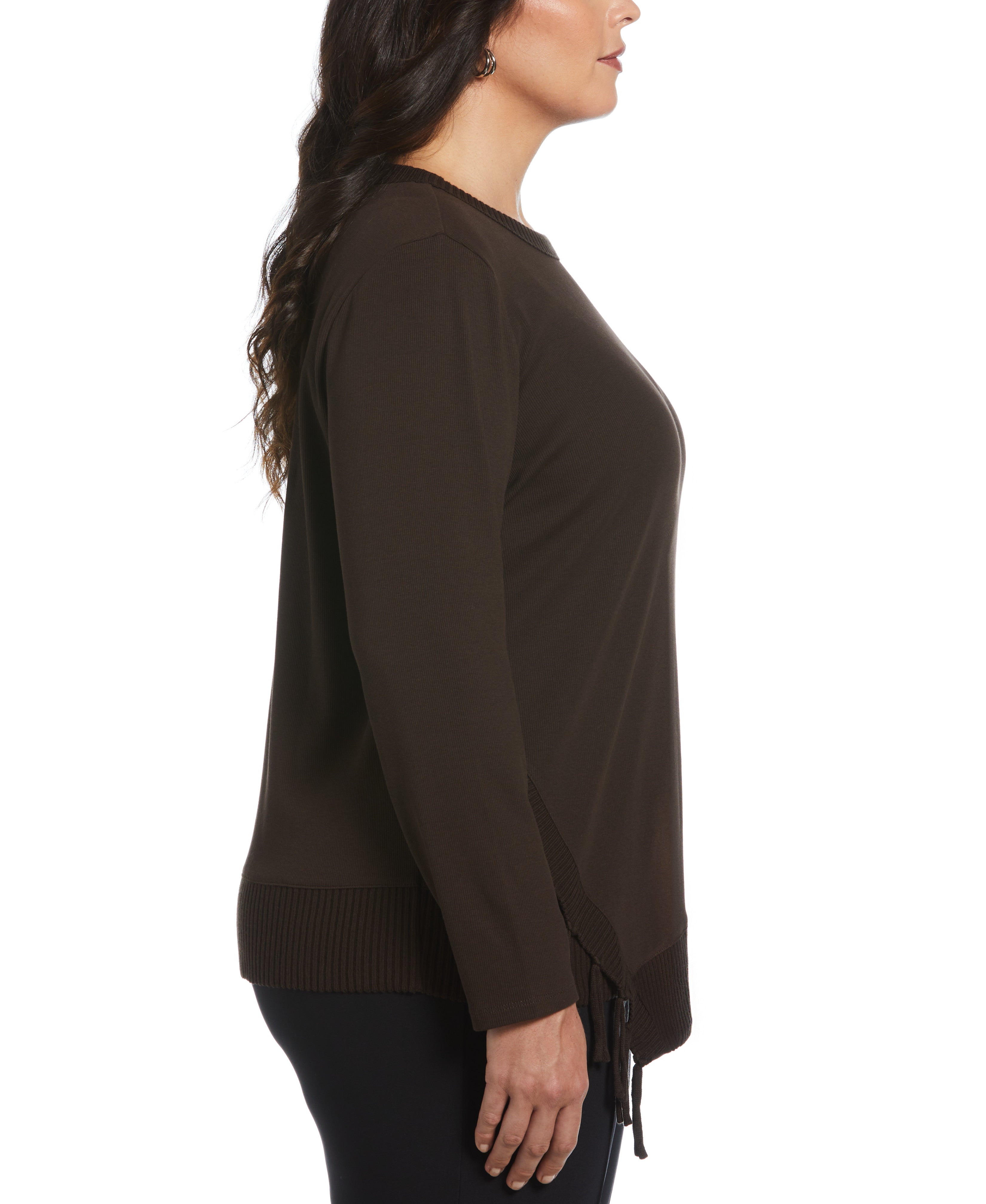 Plus Size Ribbed Asymmetrical Fringe Hem Top