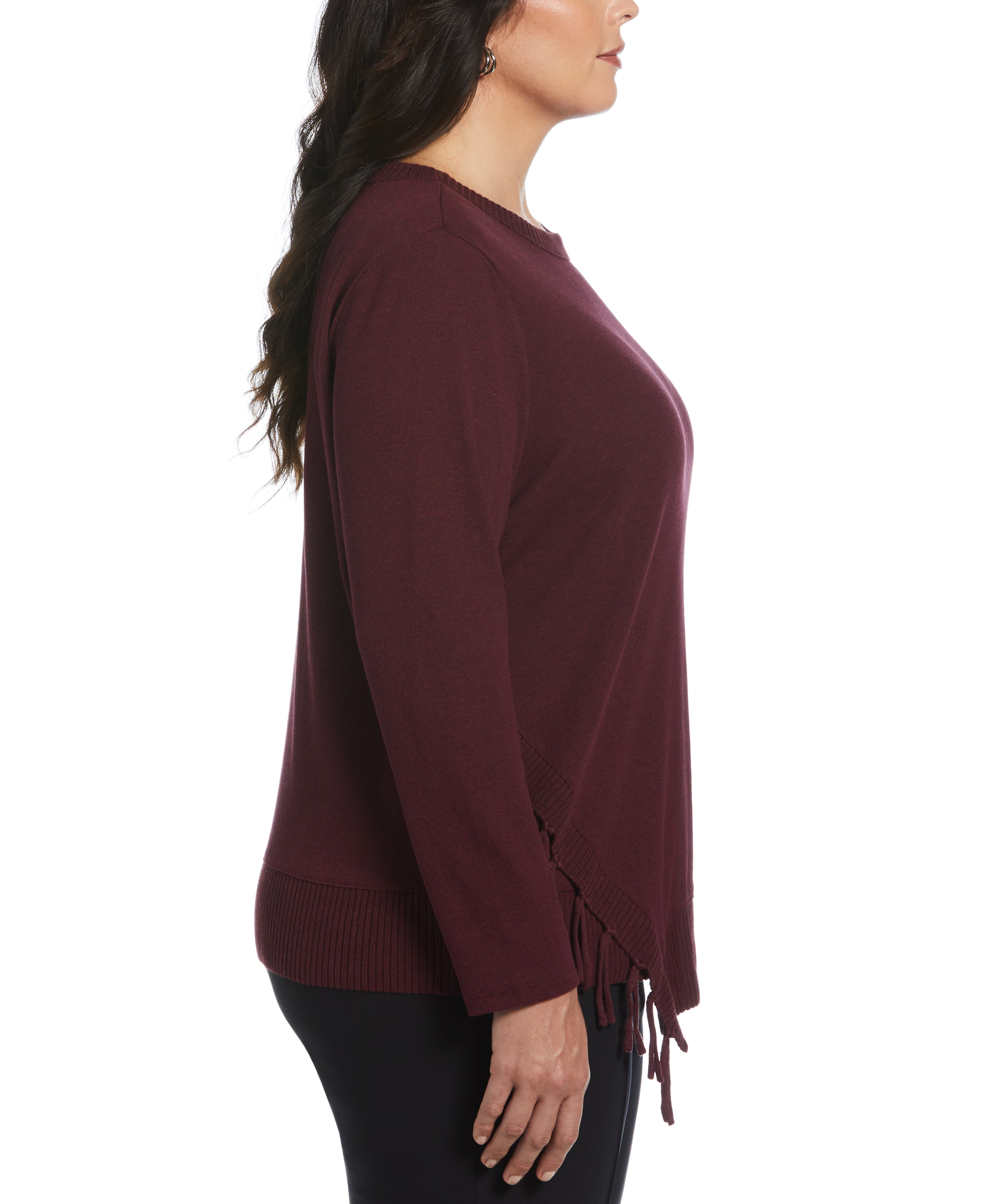 Plus Size Ribbed Asymmetrical Fringe Hem Top