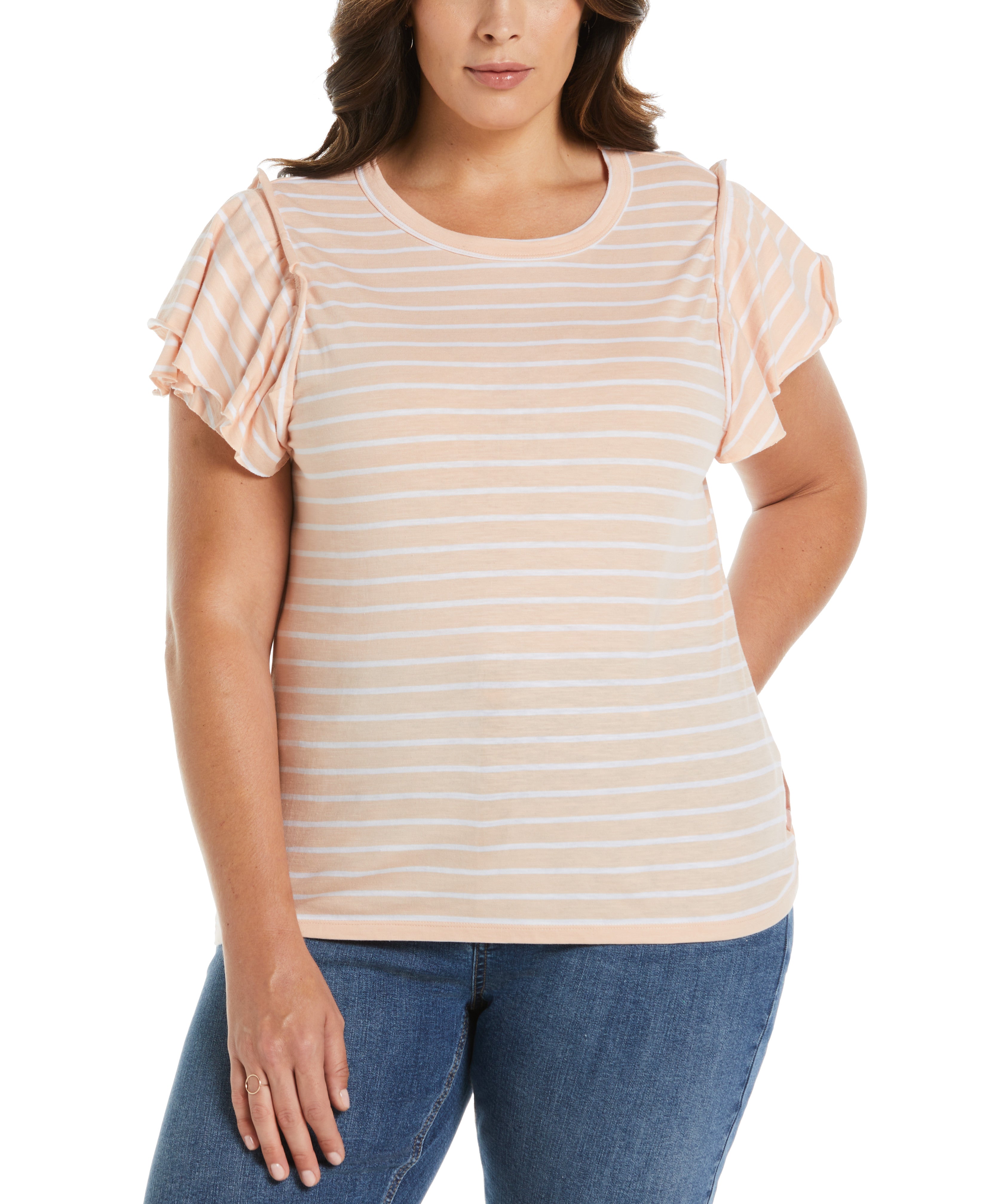 Plus Size Stripe Ruffle Sleeve Tee