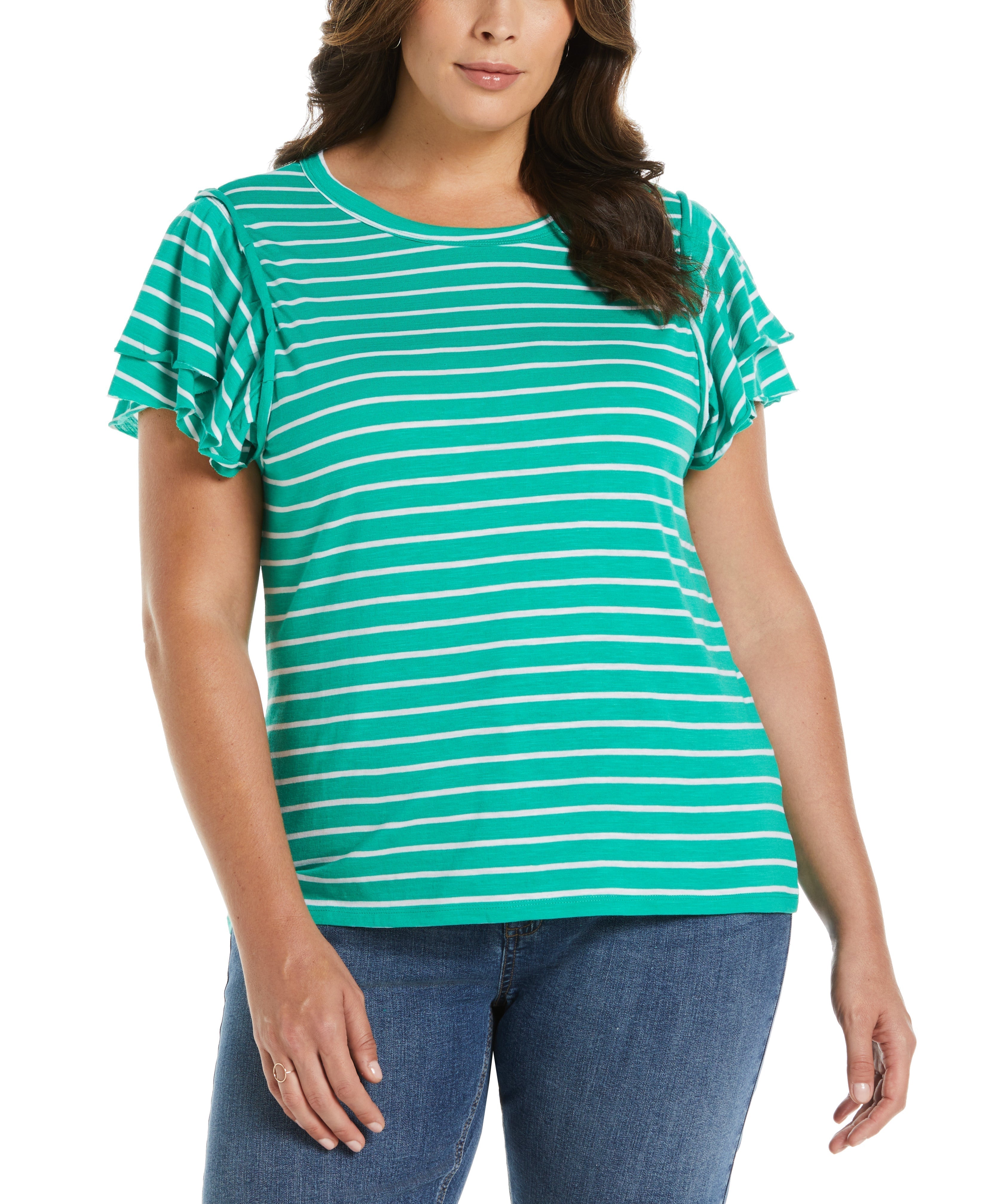 Plus Size Stripe Ruffle Sleeve Tee