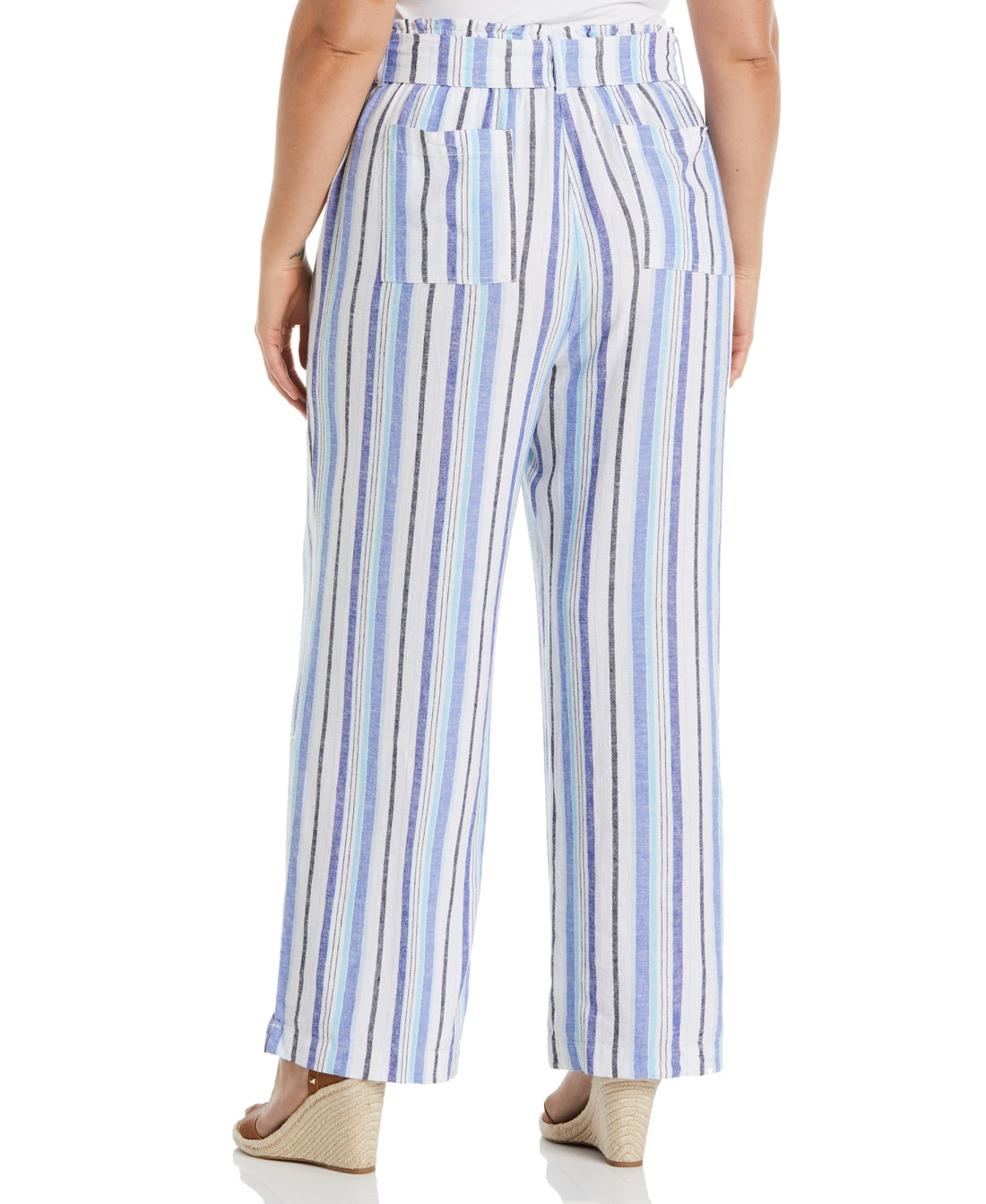 Plus Size Stripe Wide Leg Linen Blend Paper Bag Pant