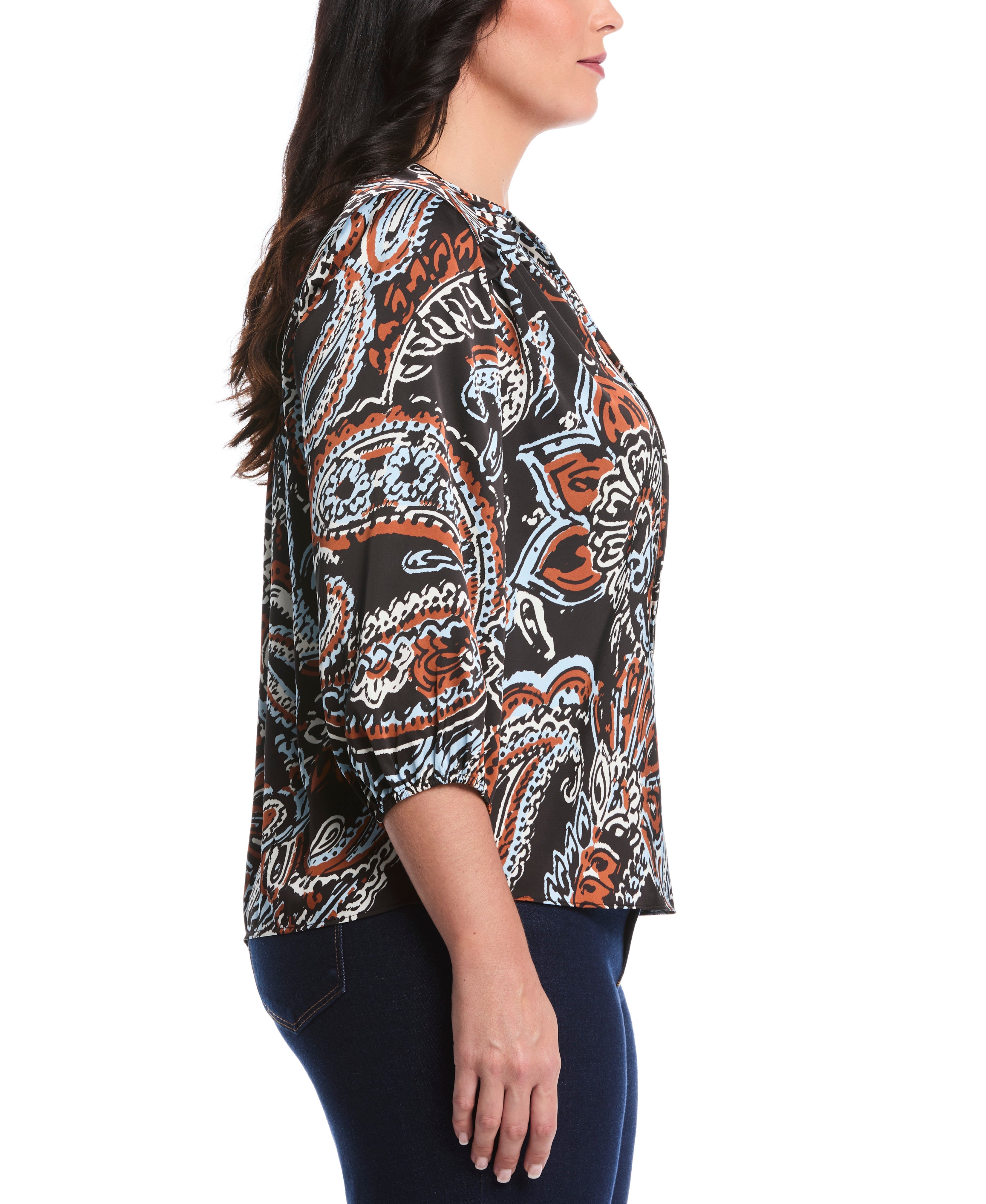 Plus Size Paisley Print Ruffle Puff Sleeve Top