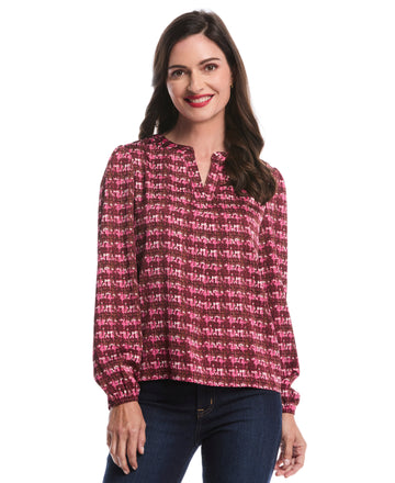 Crosshatch Print Split Neck Popover Blouse