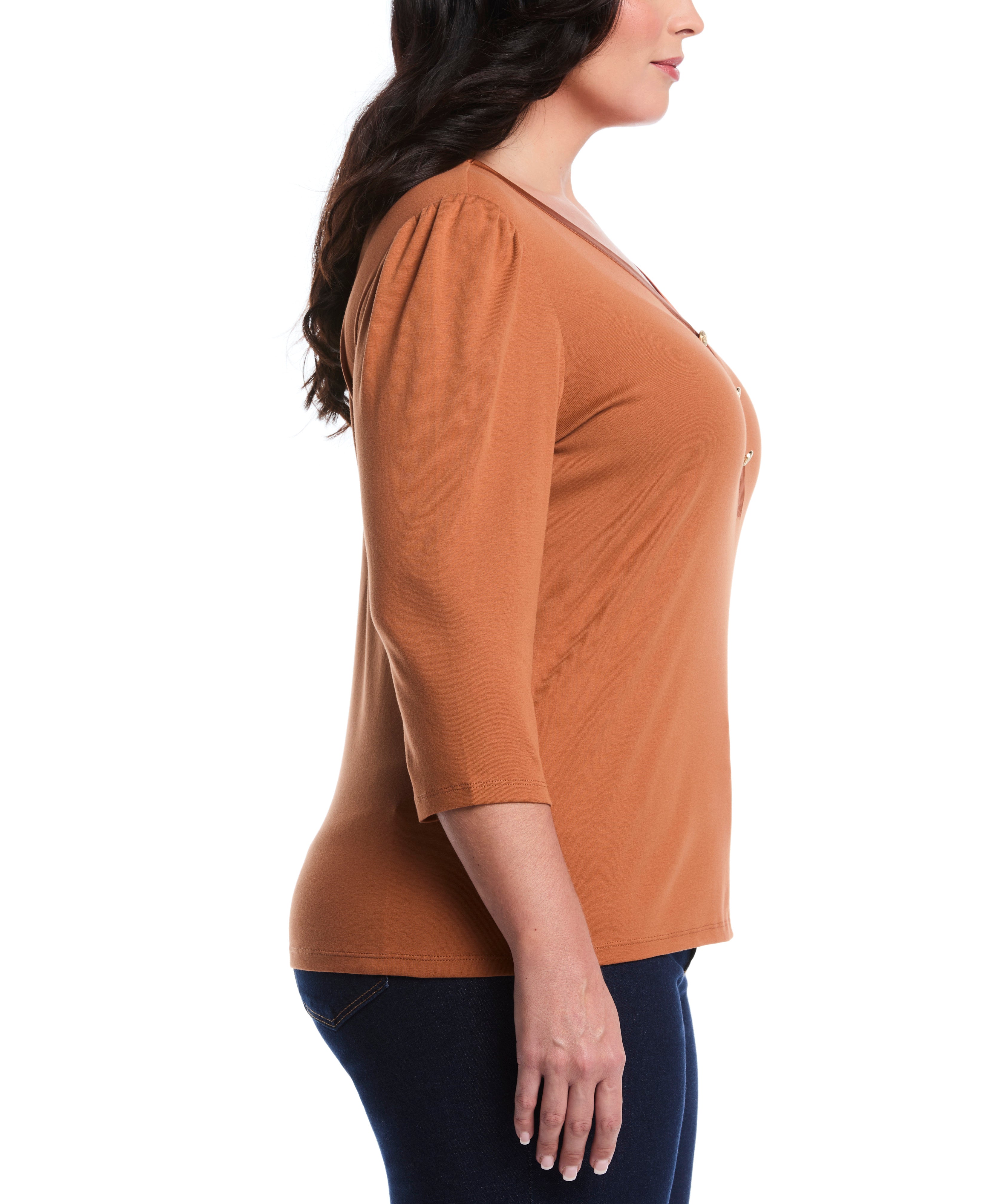 Plus Size 3/4 Puff Sleeve V-Neck Top