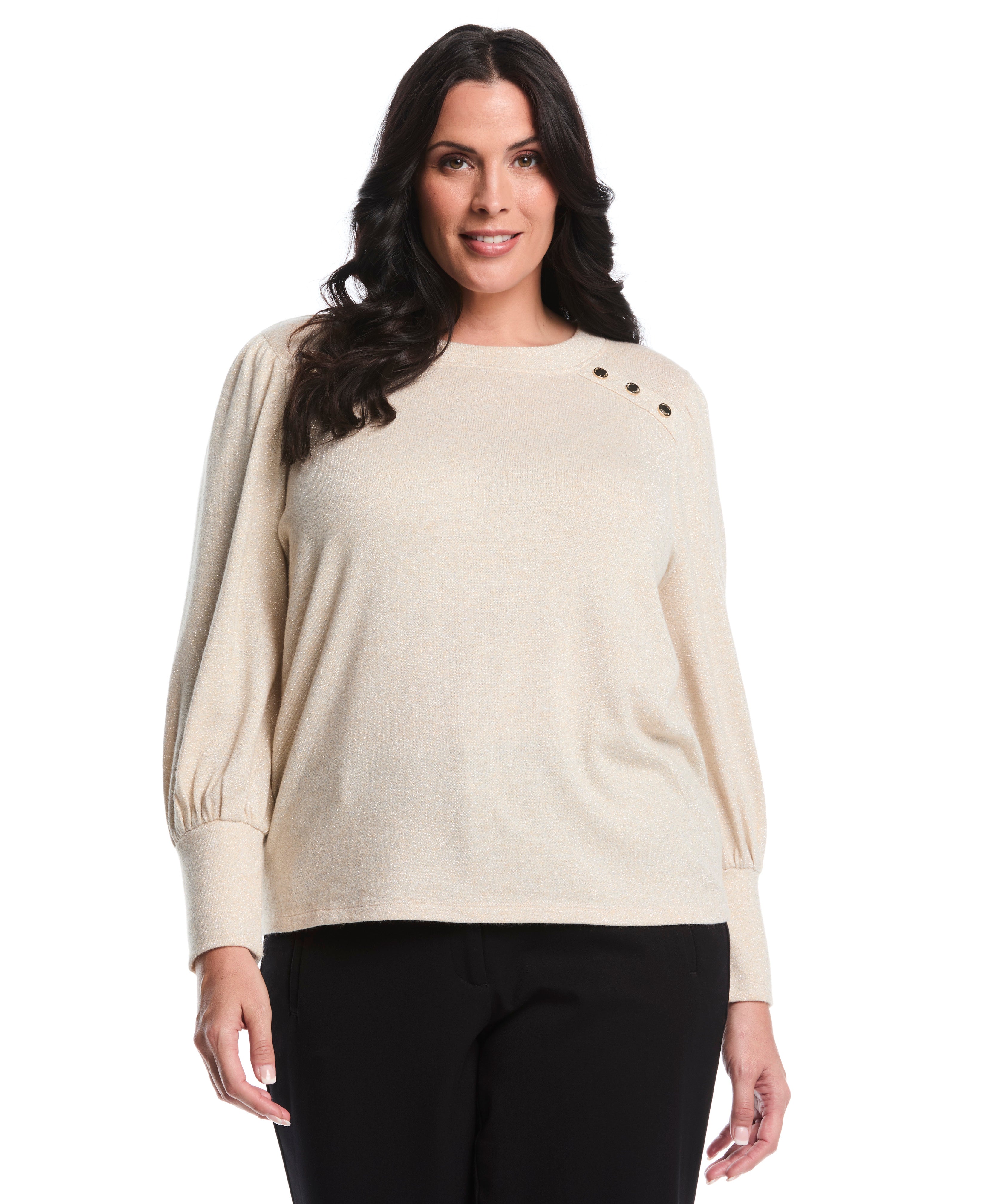 Plus Size Metallic Puff Sleeve Crew Neck Top