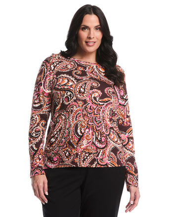 Plus Size Paisley Print Laced Crew Neck Top