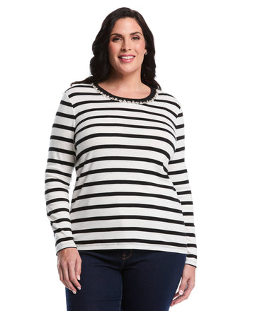 Plus Size Striped Print Embellished Neck Top