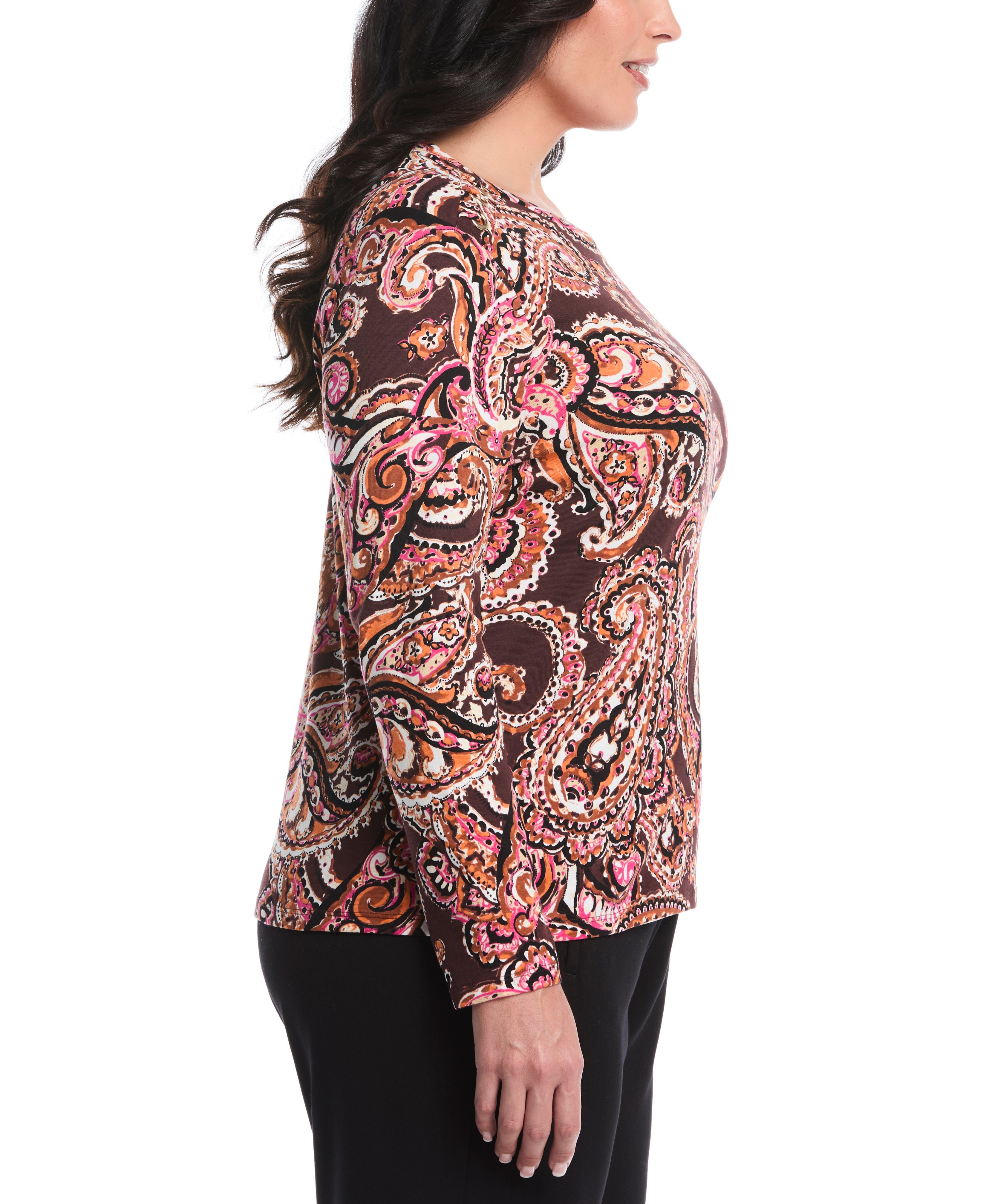 Plus Size Paisley Print Laced Crew Neck Top