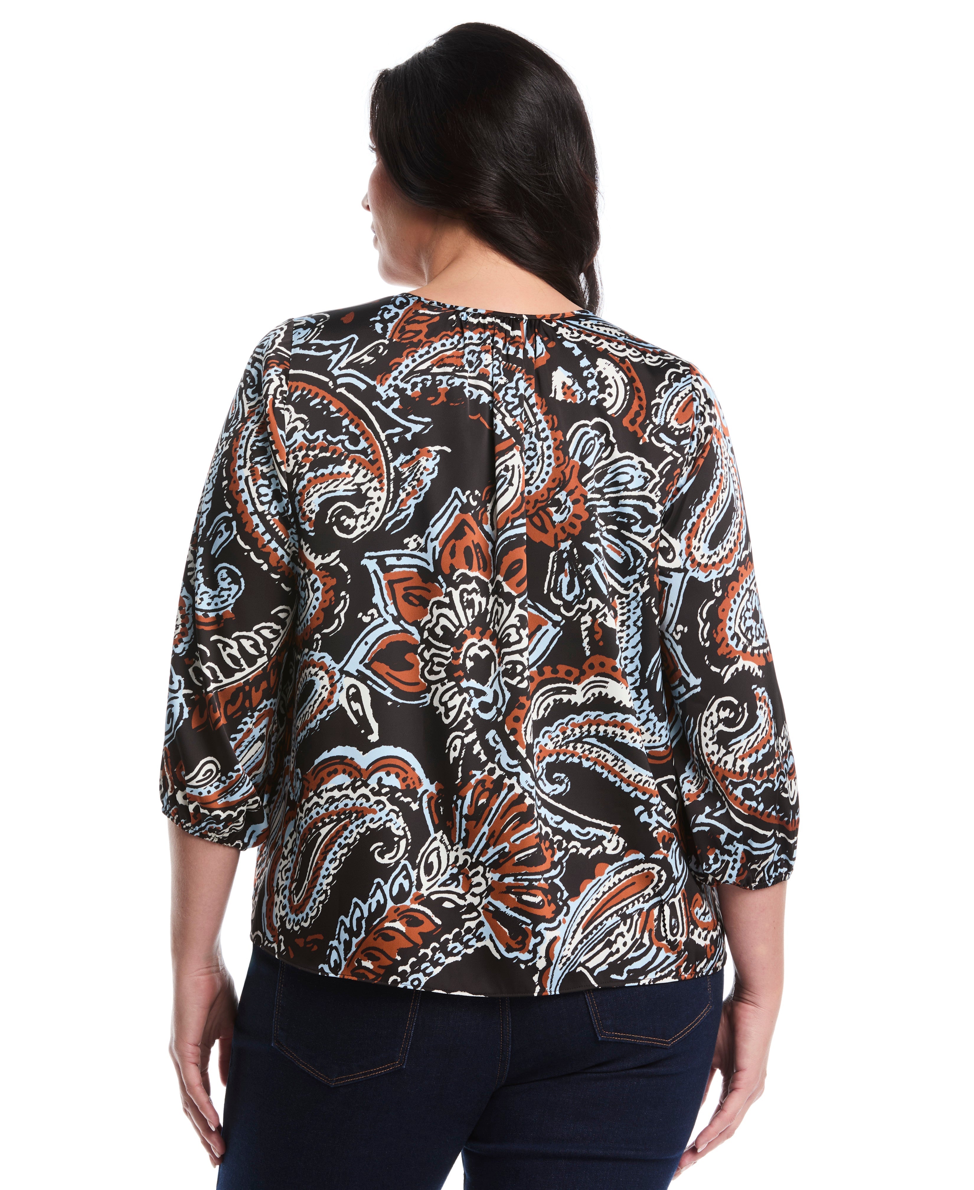 Plus Size Paisley Print Ruffle Puff Sleeve Top
