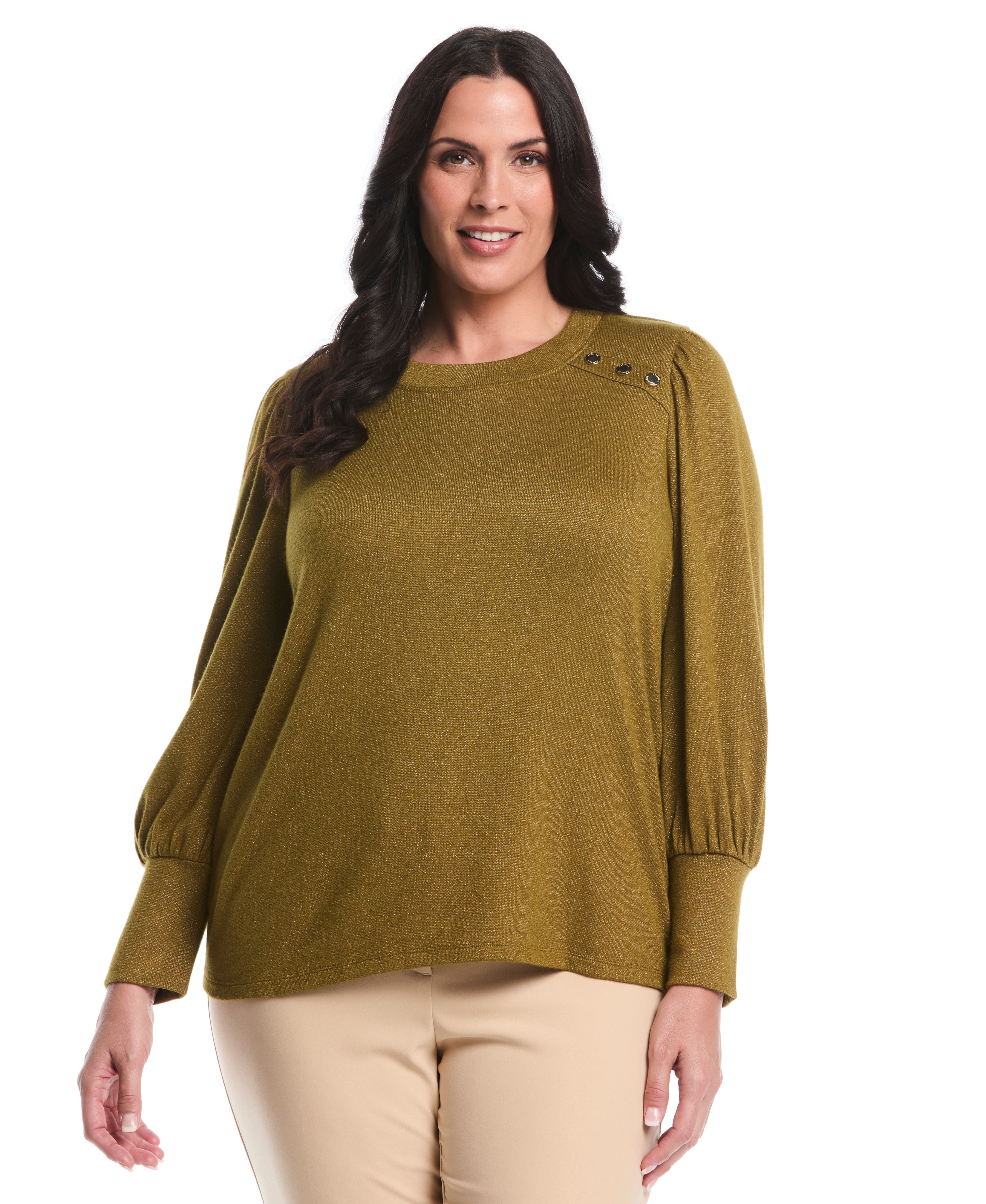 Plus Size Metallic Puff Sleeve Crew Neck Top