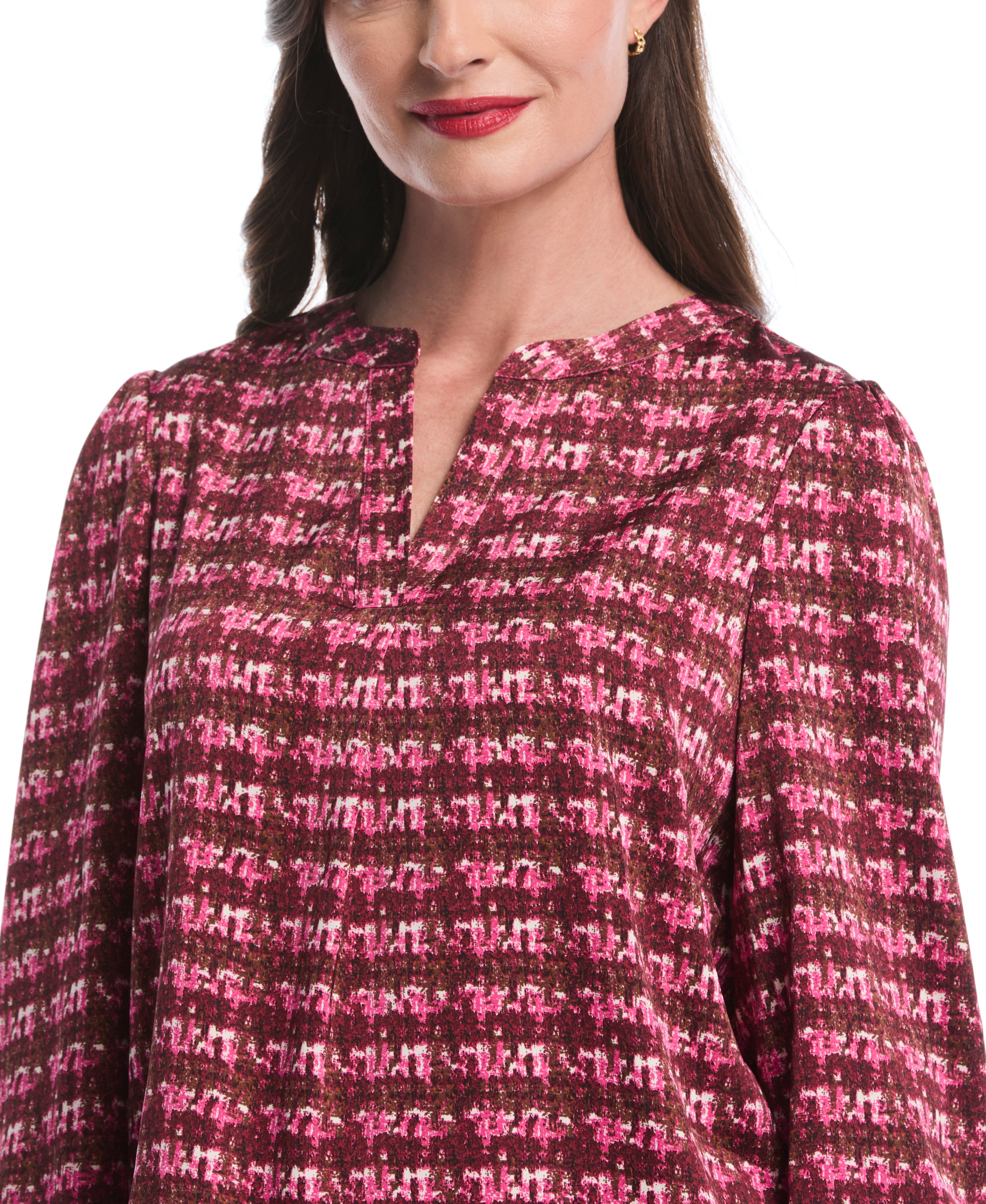 Crosshatch Print Split Neck Popover Blouse