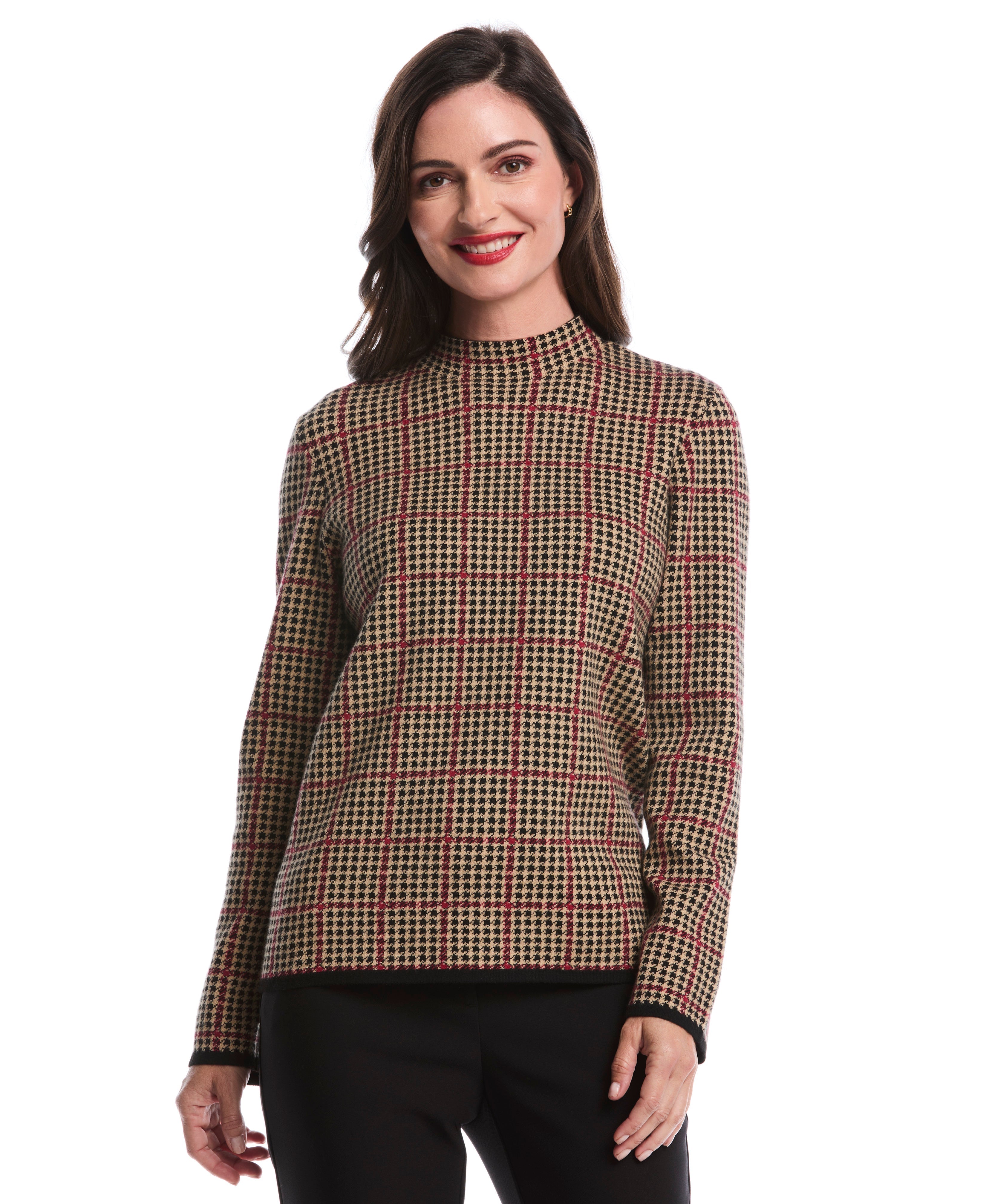 Plaid Print Mock Neck Sweater