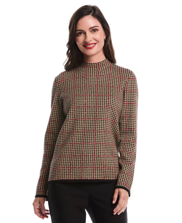 Plaid Print Mock Neck Sweater