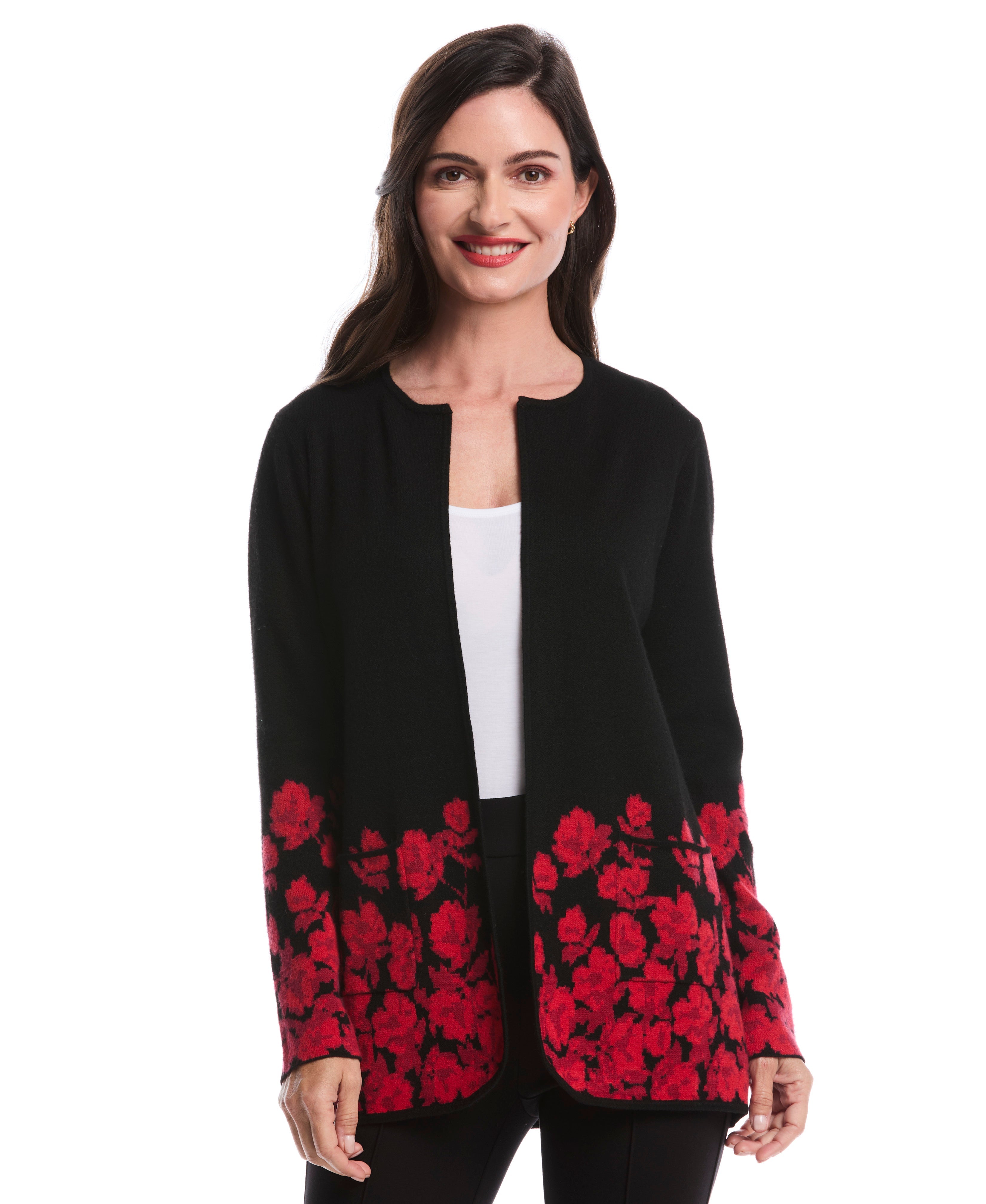 Floral Print Patch Pocket Open Cardigan