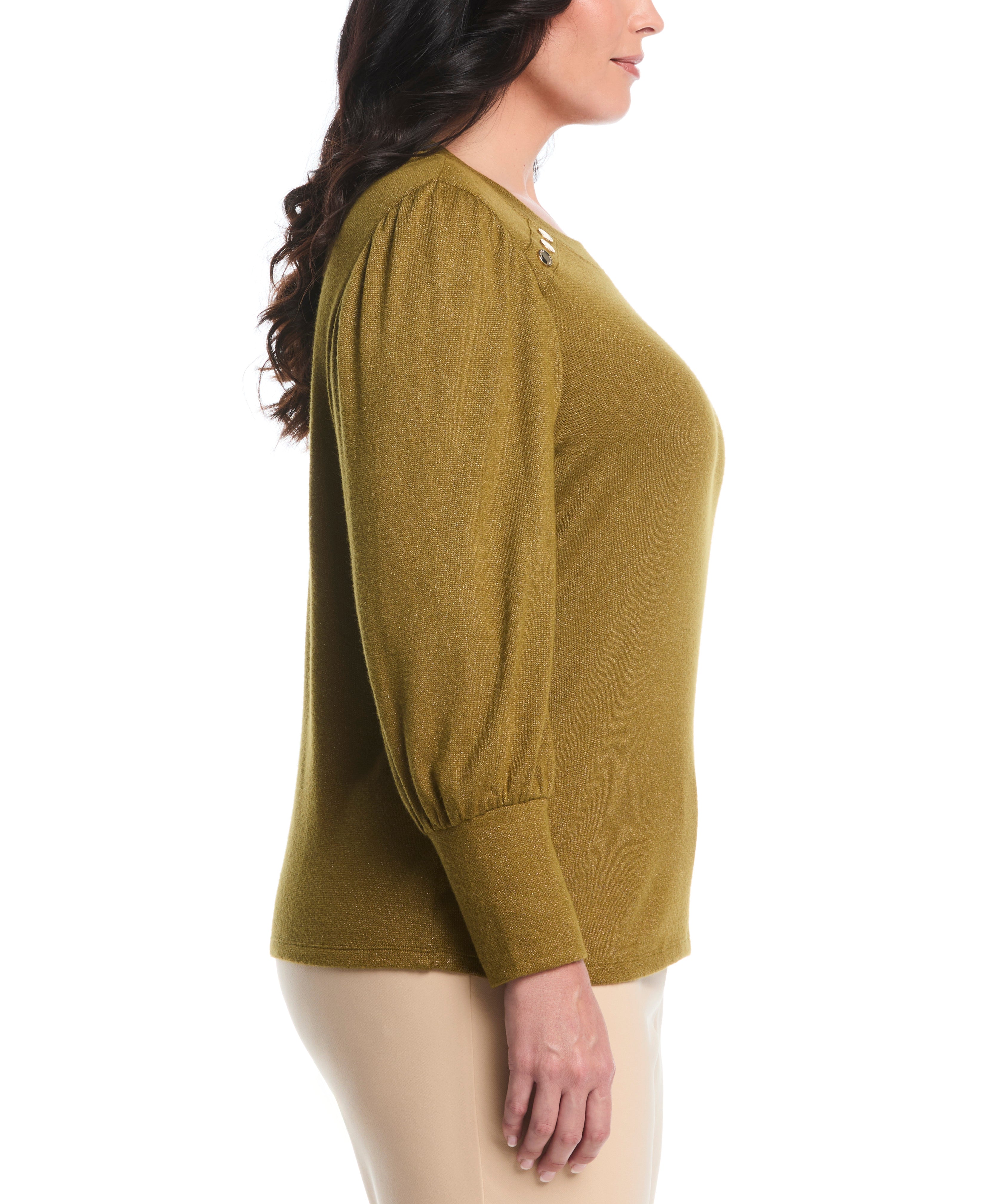 Plus Size Metallic Puff Sleeve Crew Neck Top