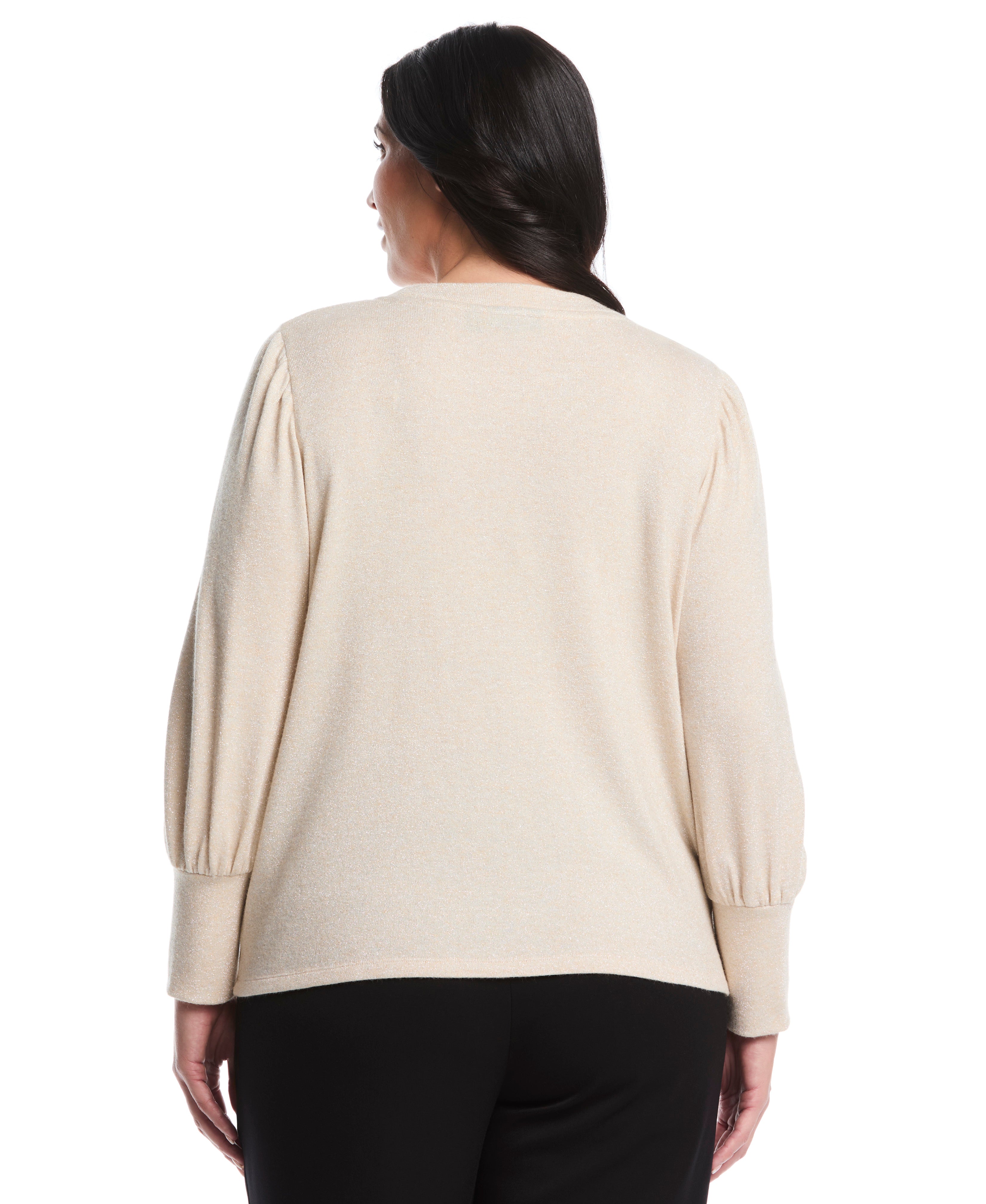 Plus Size Metallic Puff Sleeve Crew Neck Top