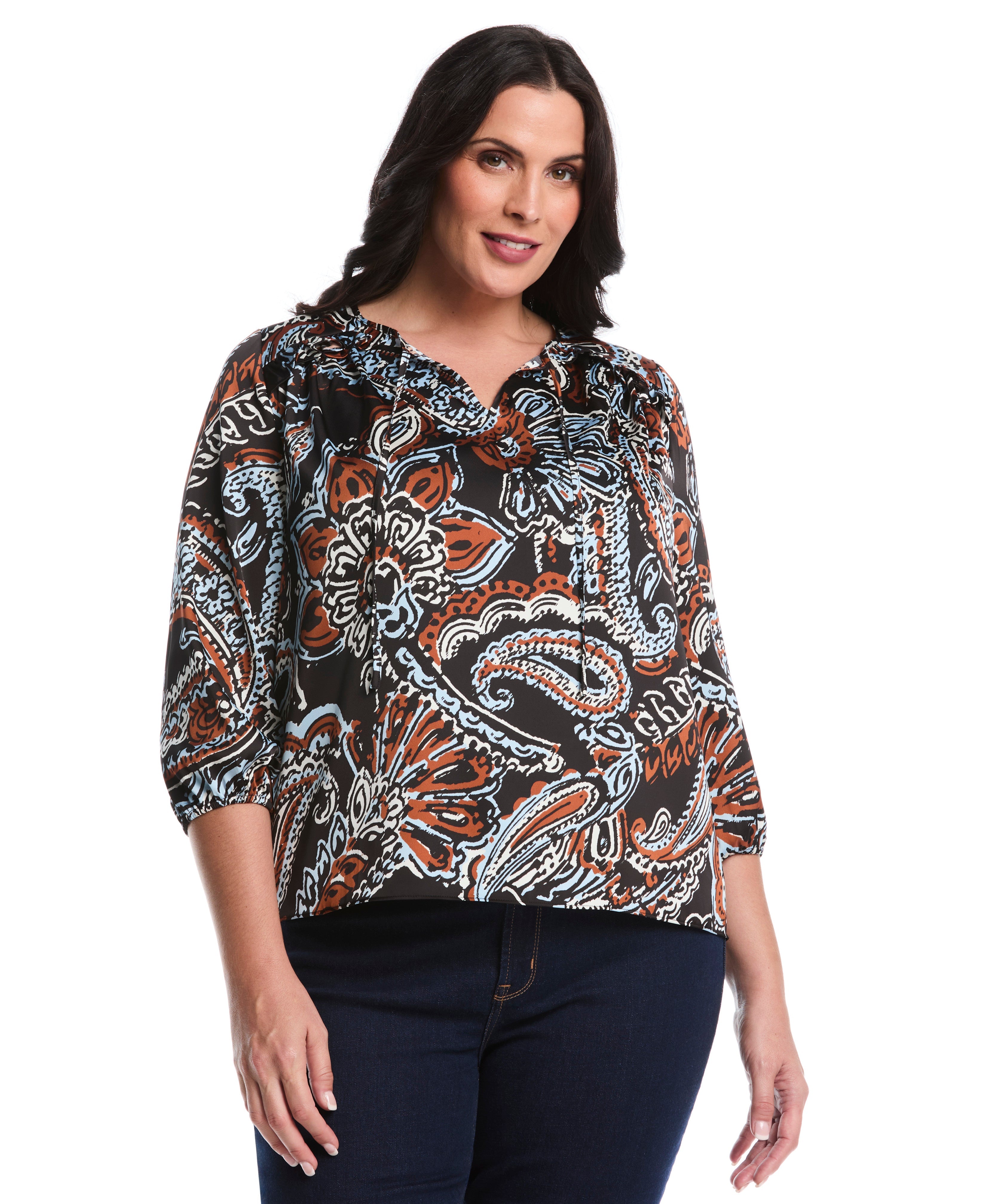 Plus Size Paisley Print Ruffle Puff Sleeve Top