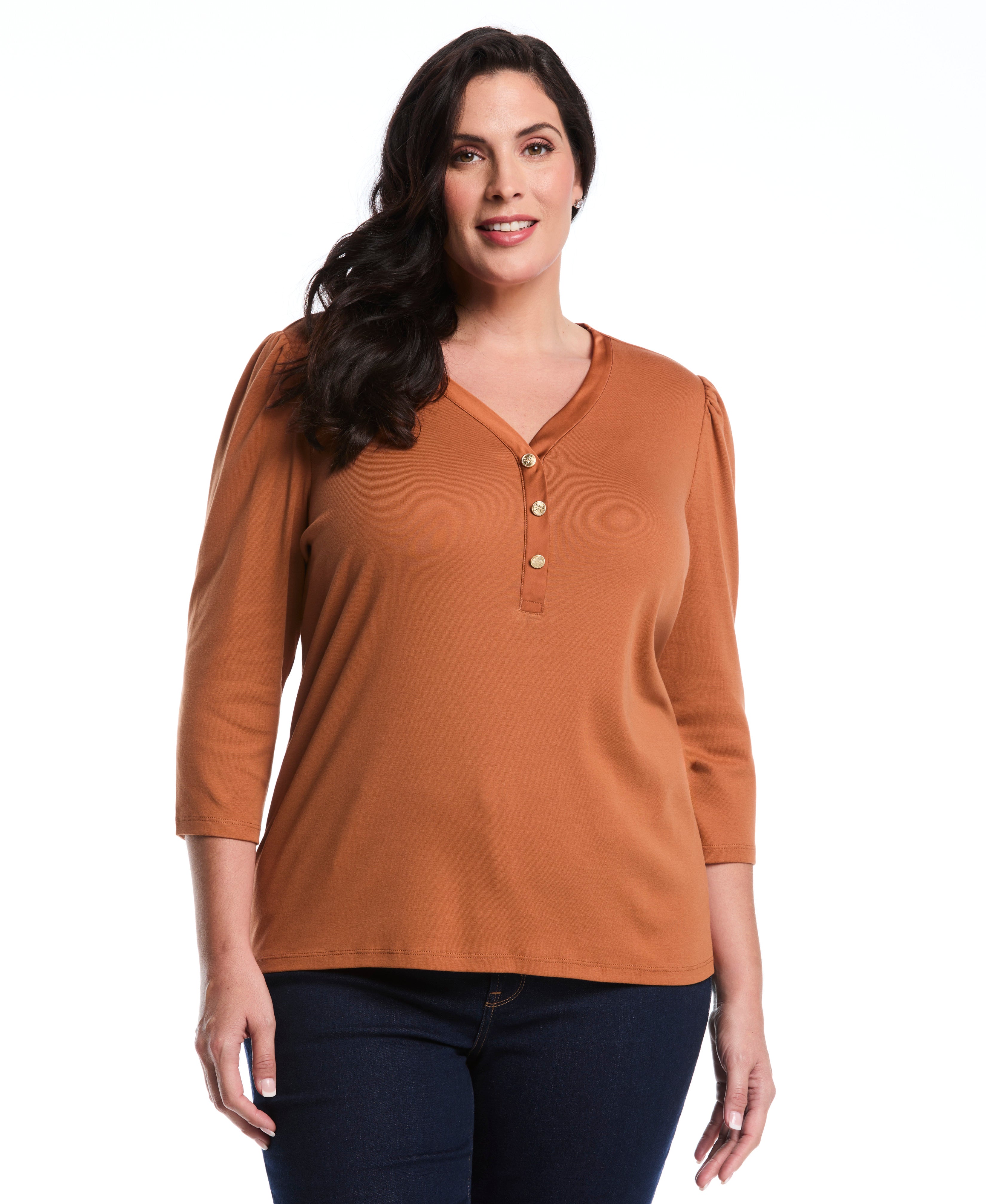 Plus Size 3/4 Puff Sleeve V-Neck Top