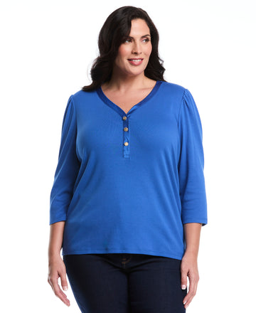 Plus Size 3/4 Puff Sleeve V-Neck Top