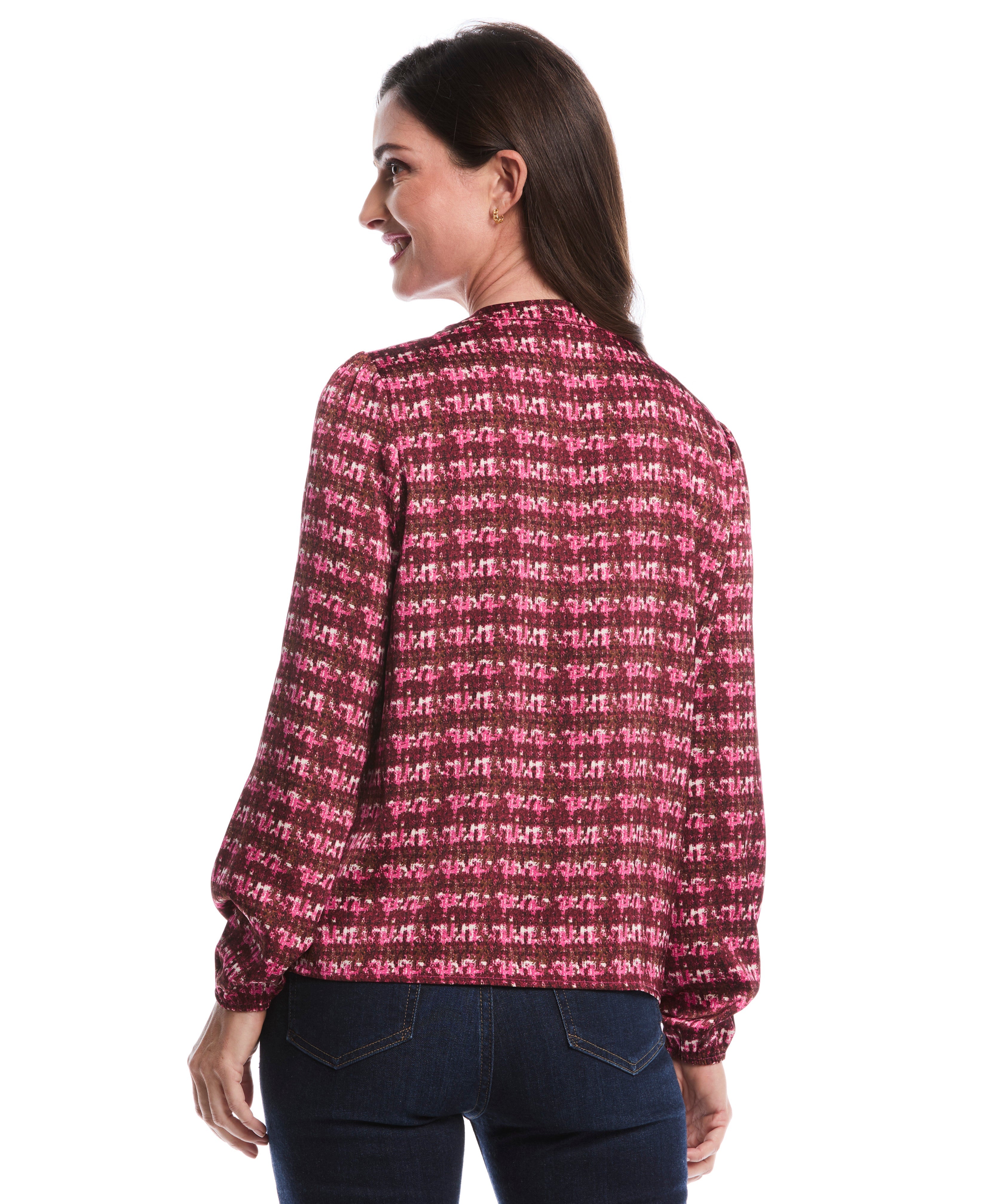 Crosshatch Print Split Neck Popover Blouse