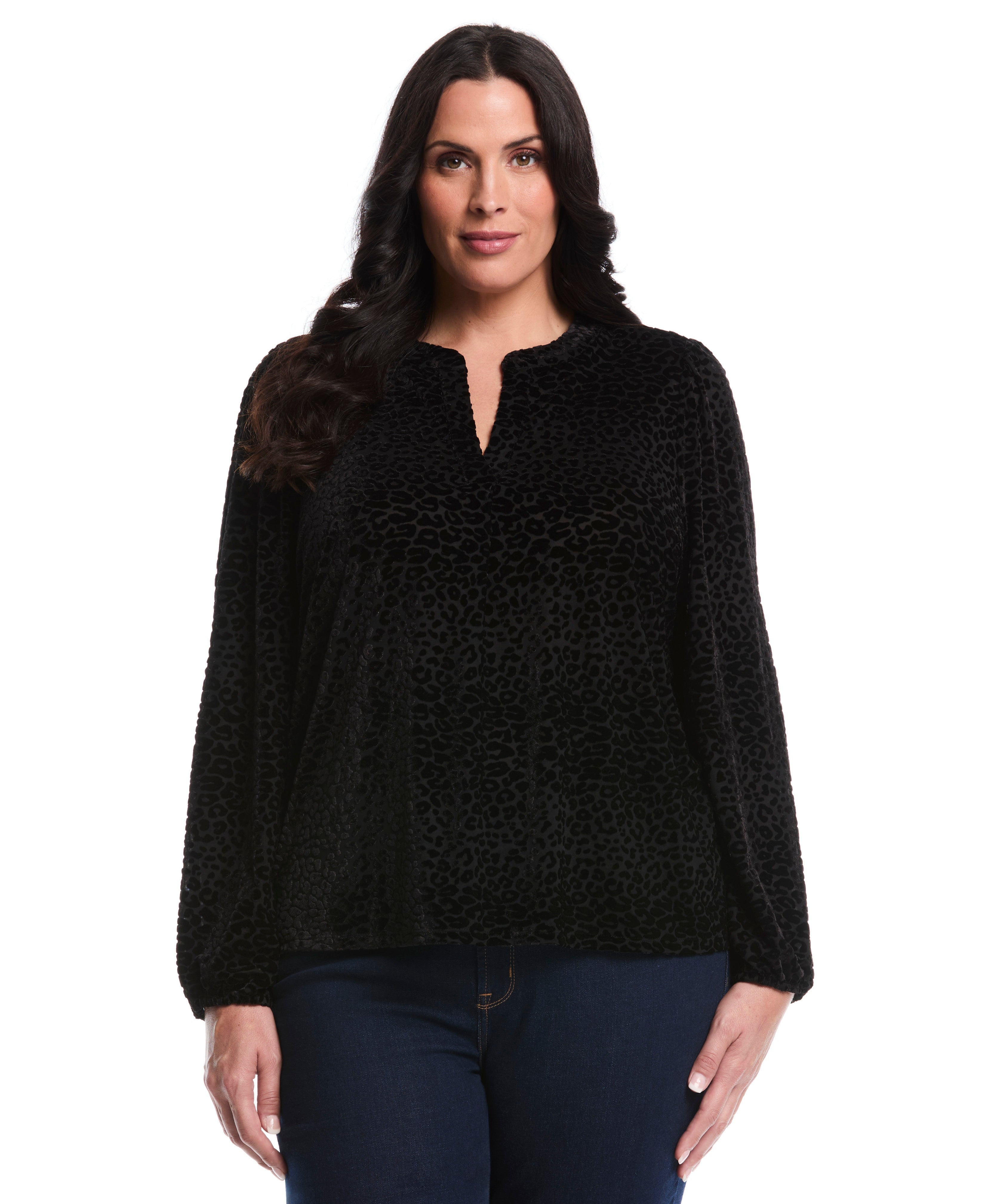 Plus Size Cheetah Print Split Neck Popover Blouse
