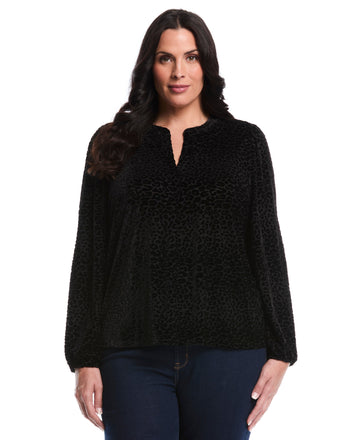 Plus Size Cheetah Print Split Neck Popover Blouse
