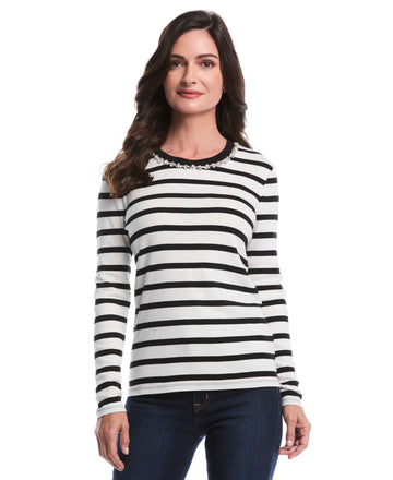 Petite Striped Print Embellished Neck Top