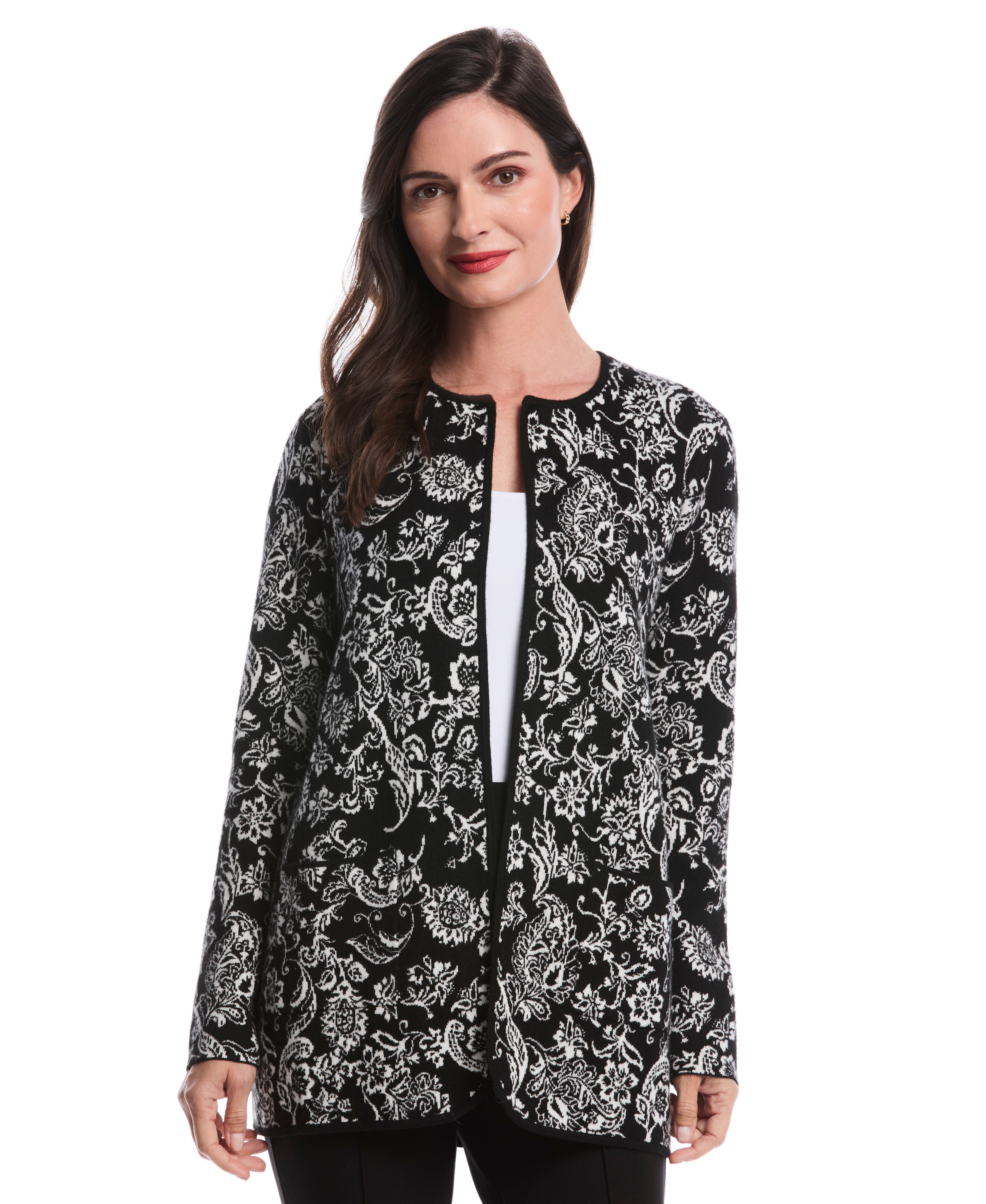 Paisley Print Patch Pocket Open Cardigan