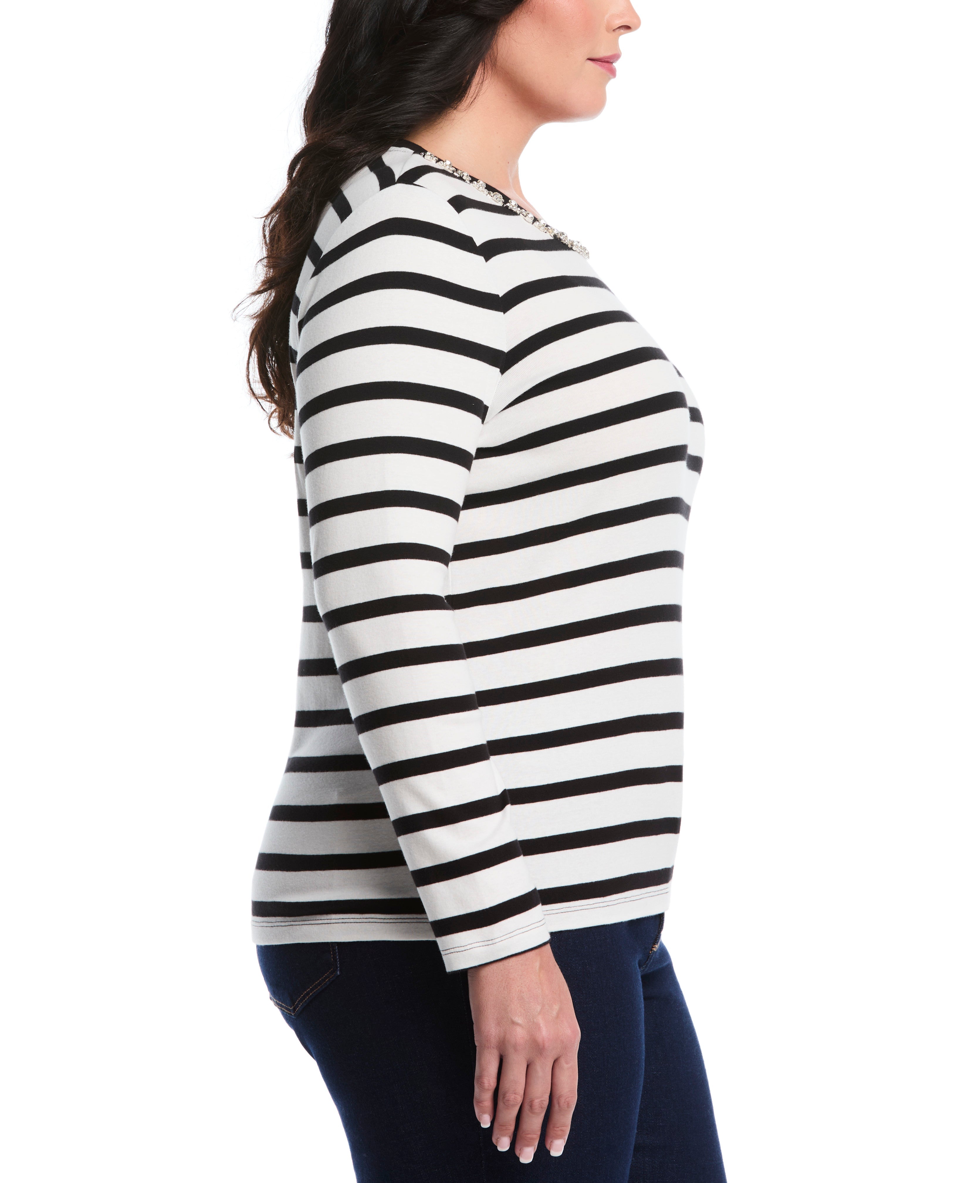 Plus Size Striped Print Embellished Neck Top
