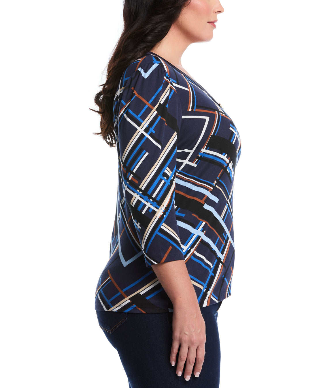 Plus Size Tossed Stripe Print 3/4 Puff Sleeve V-Neck Top
